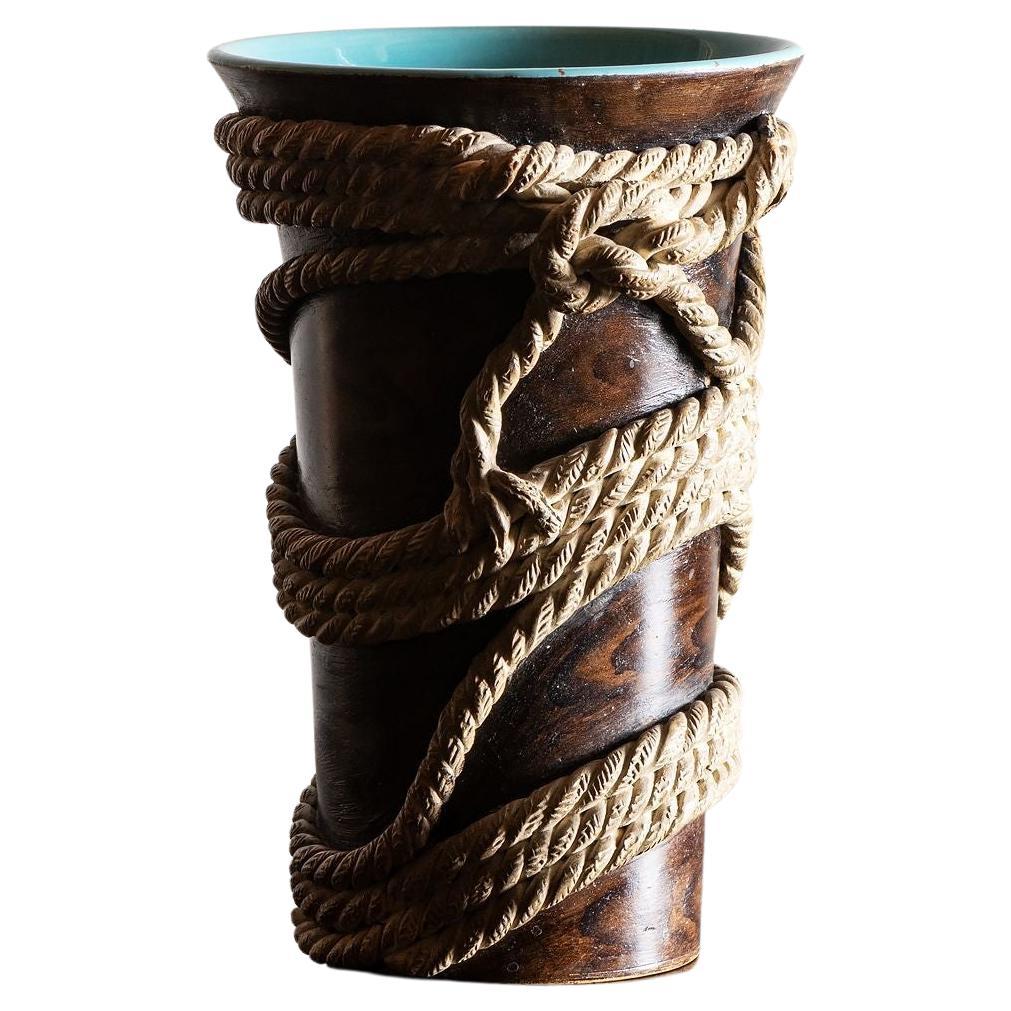 Ugo Zaccagnini Ceramic Vase with Faux Rope Detail, Italy, 1940s For Sale