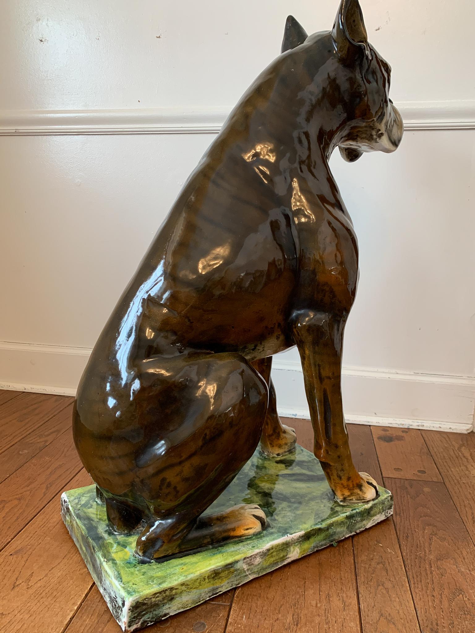 Italian Ugo Zaccagnini & Figli, Signed Life Size Dog Boxer Sculpture Ceramic Italy 1950s For Sale