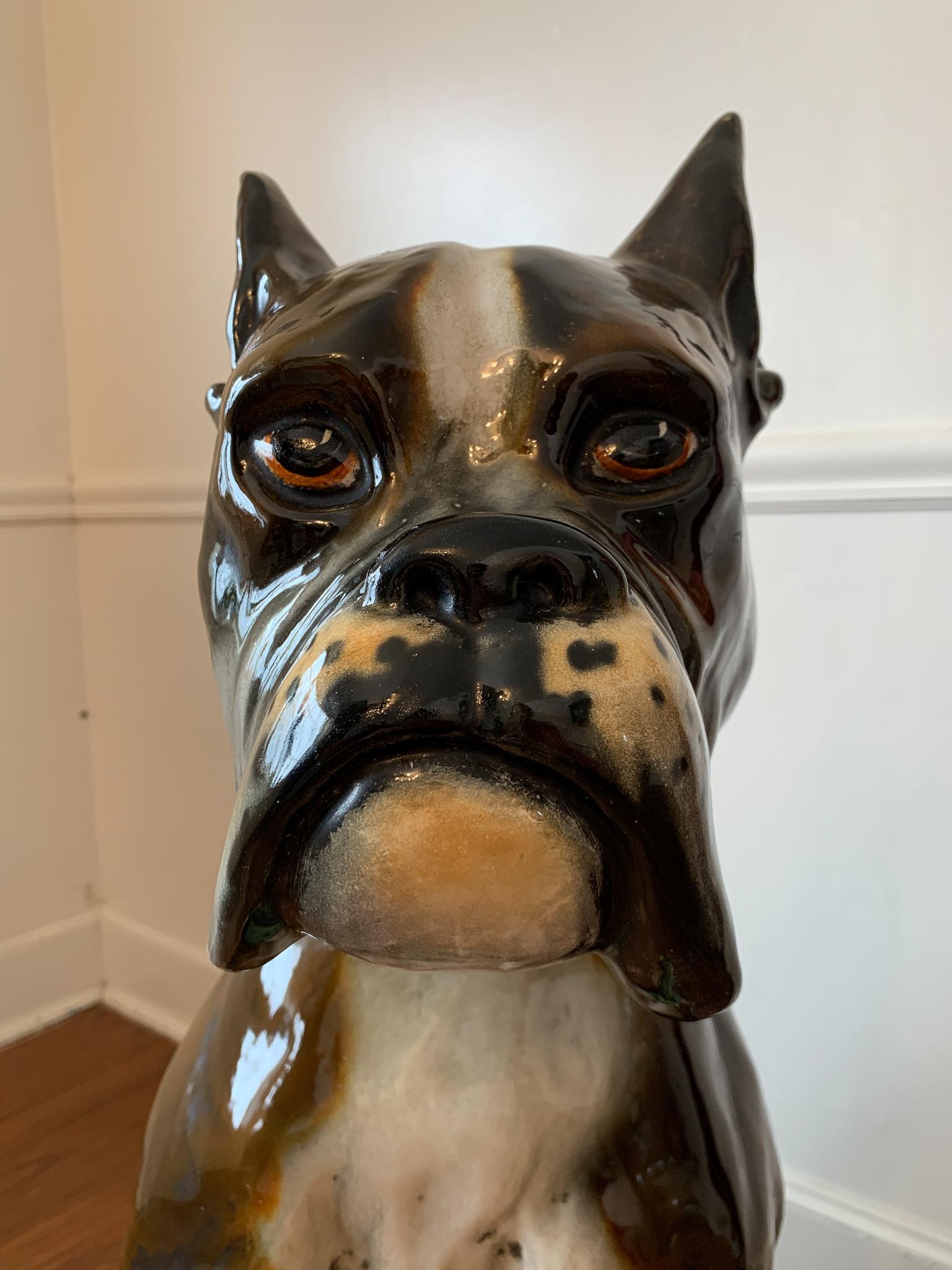Glazed Ugo Zaccagnini & Figli, Signed Life Size Dog Boxer Sculpture Ceramic Italy 1950s For Sale
