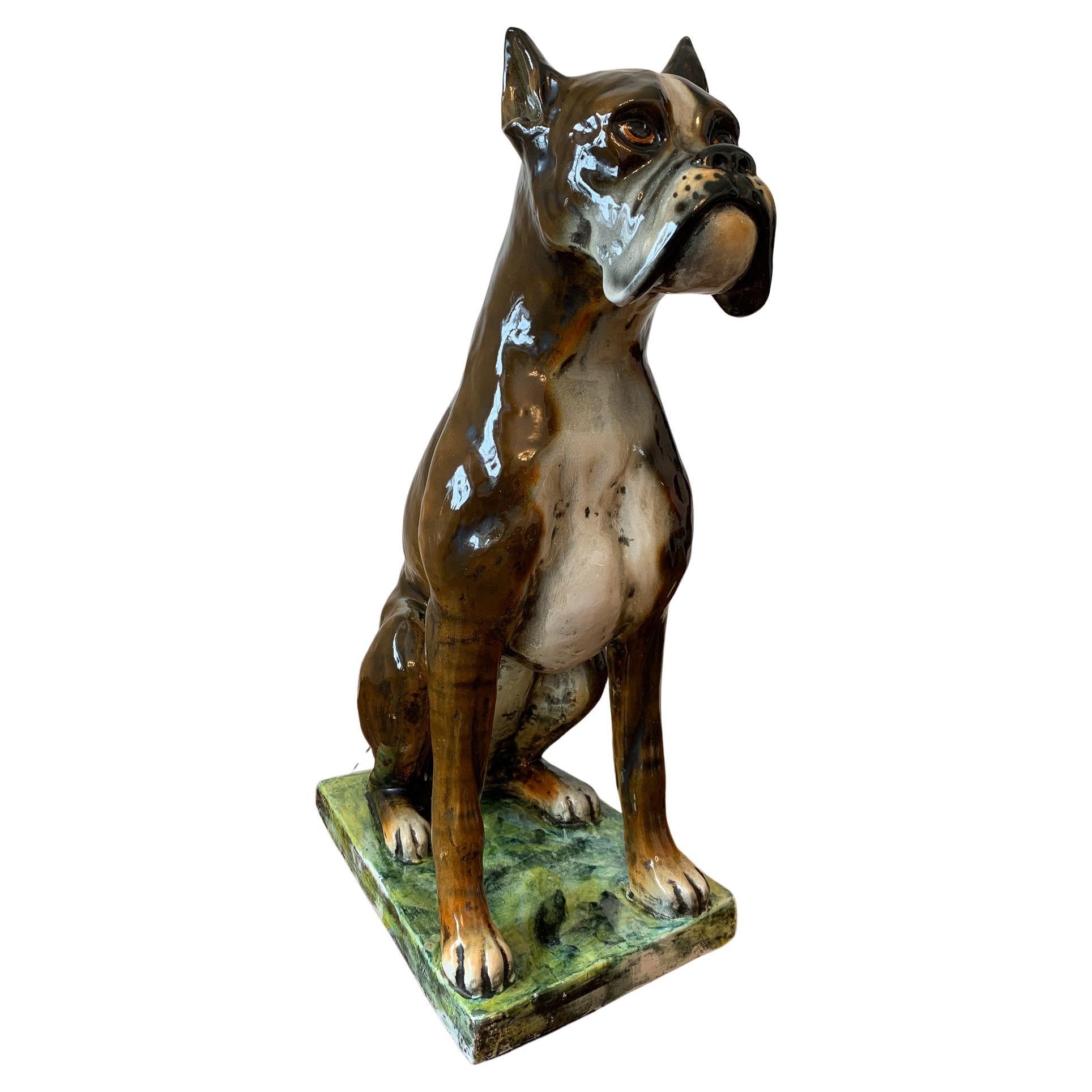 Ugo Zaccagnini & Figli, Signed Life Size Dog Boxer Sculpture Ceramic Italy 1950s For Sale