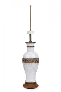 Ugo Zaccagnini Italian Ceramic White Glazed Urn Table Lamp on Light Wood Base