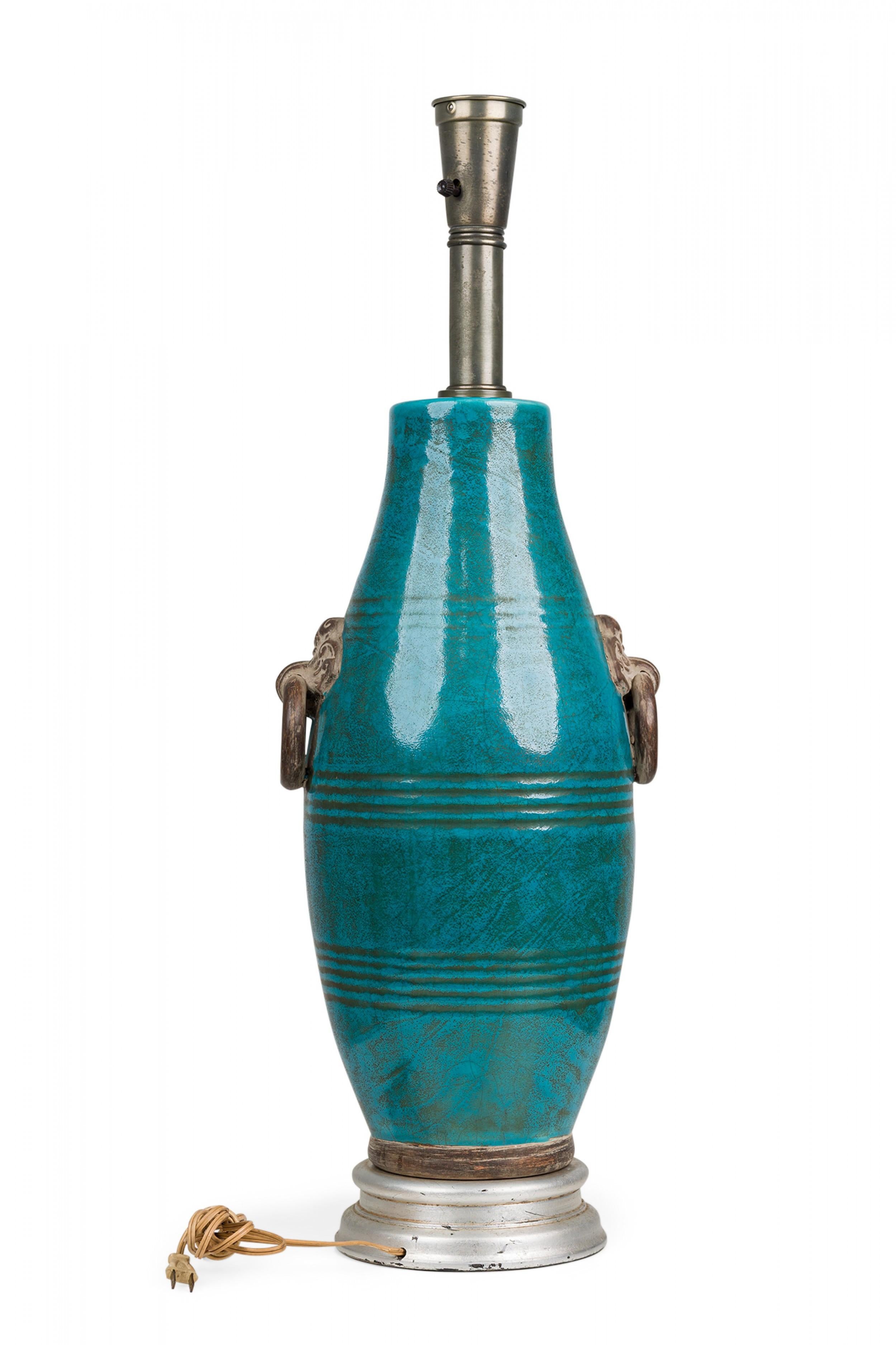 Italienische blau-grün glasierte Keramik-Tischlampe von Ugo Zaccagnini aus der Mitte des Jahrhunderts (Moderne der Mitte des Jahrhunderts) im Angebot