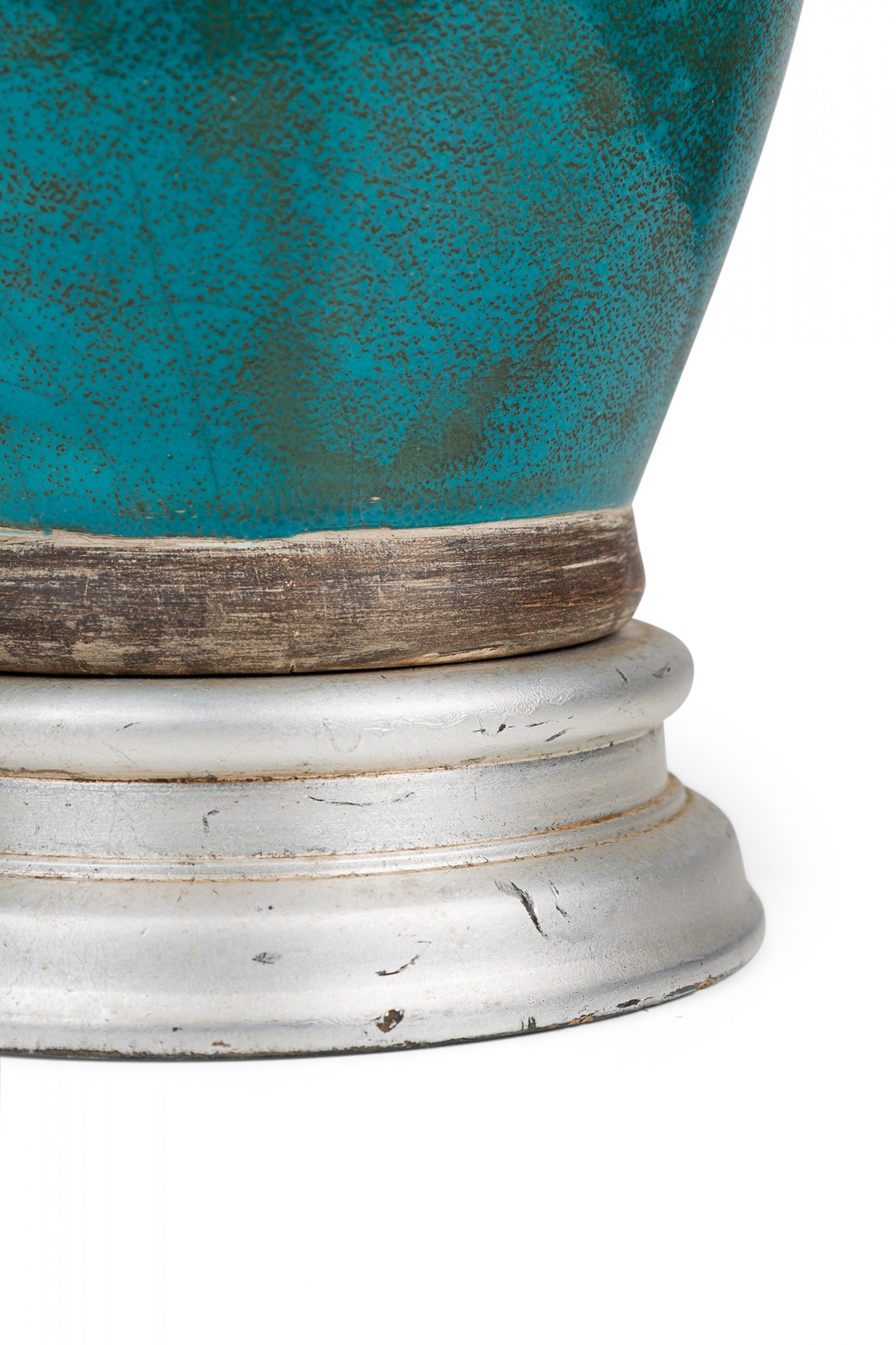 Italienische blau-grün glasierte Keramik-Tischlampe von Ugo Zaccagnini aus der Mitte des Jahrhunderts im Zustand „Gut“ im Angebot in New York, NY