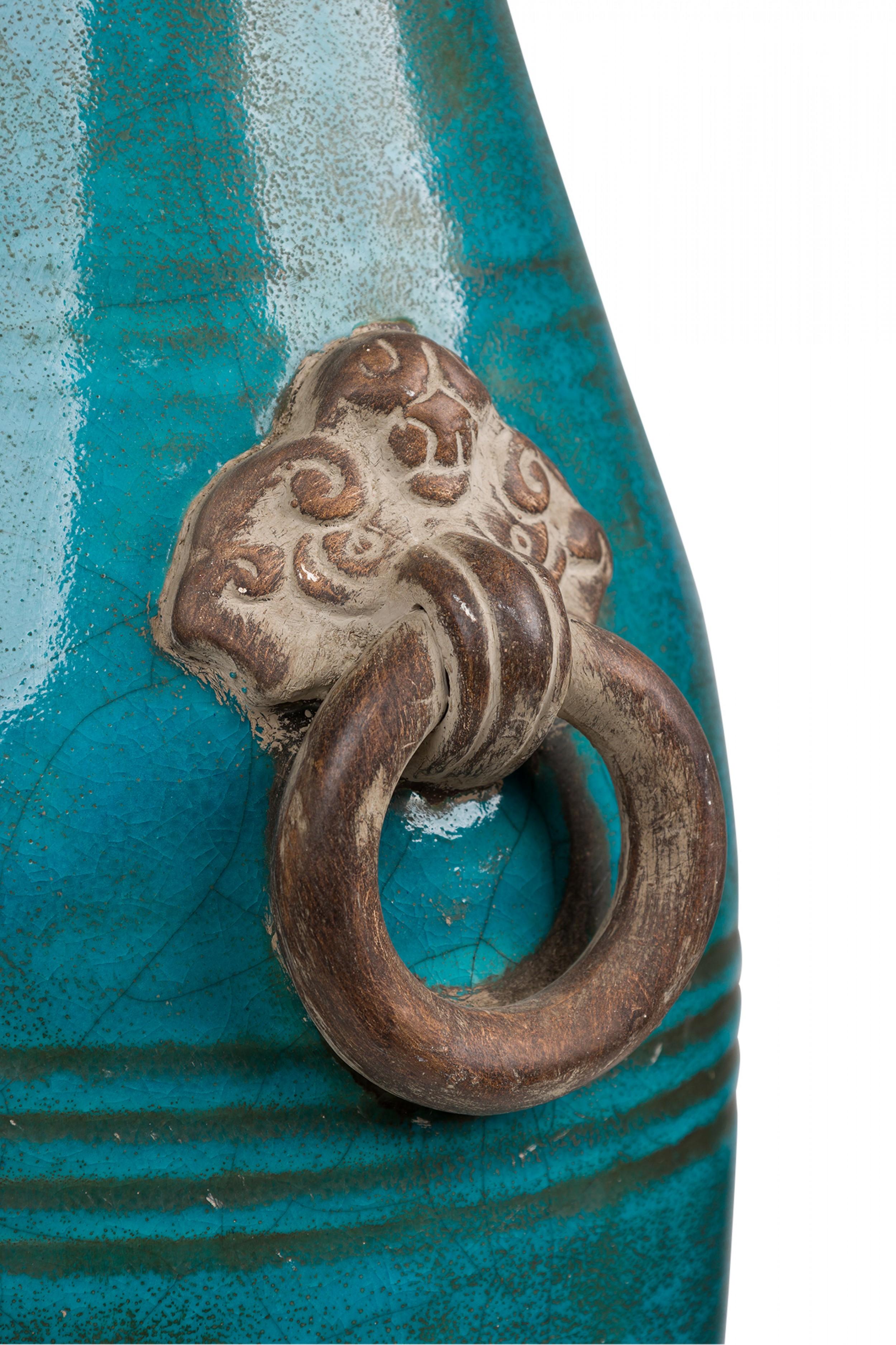 Italienische blau-grün glasierte Keramik-Tischlampe von Ugo Zaccagnini aus der Mitte des Jahrhunderts (20. Jahrhundert) im Angebot