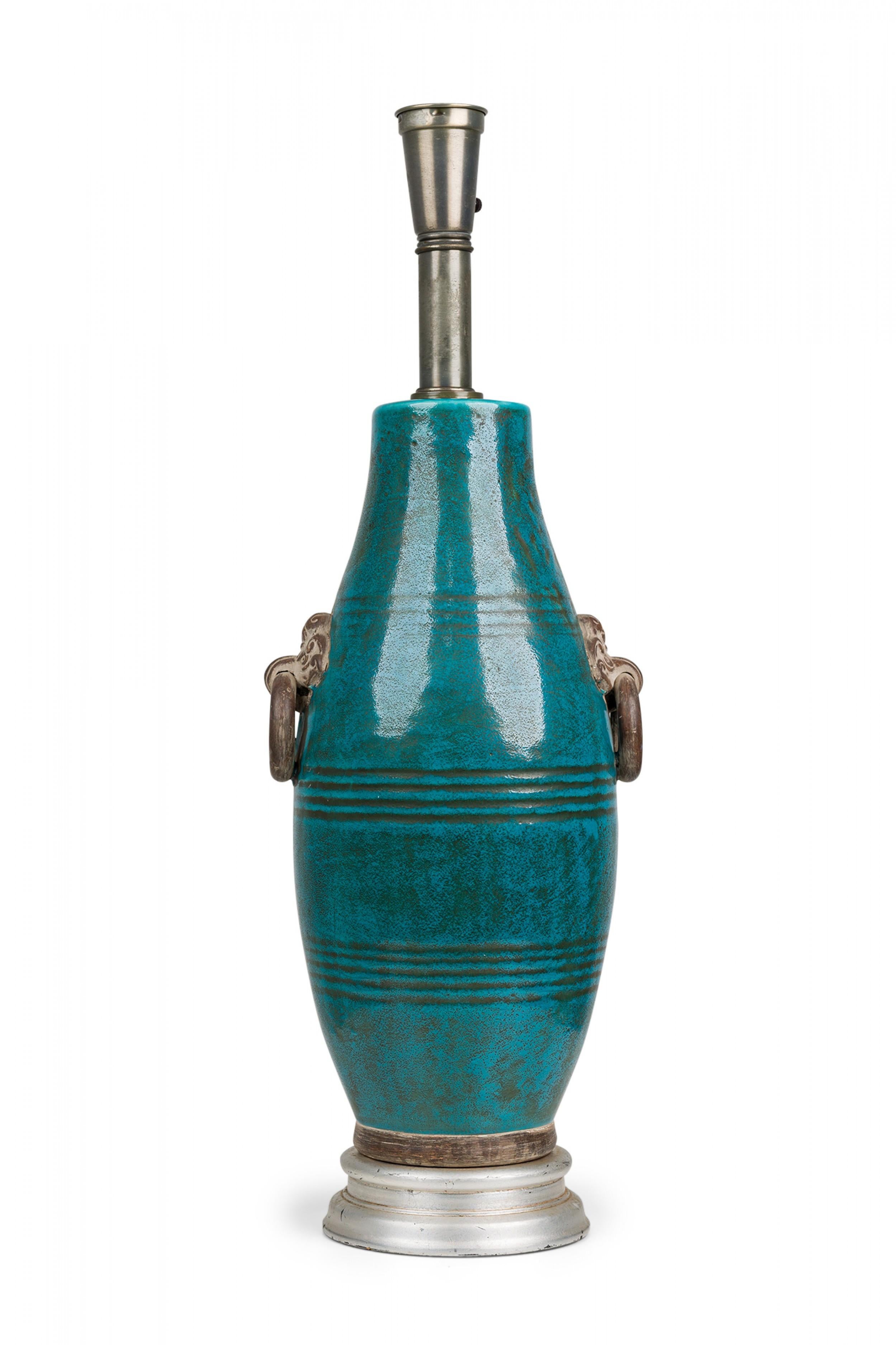 Italienische blau-grün glasierte Keramik-Tischlampe von Ugo Zaccagnini aus der Mitte des Jahrhunderts (Metall) im Angebot