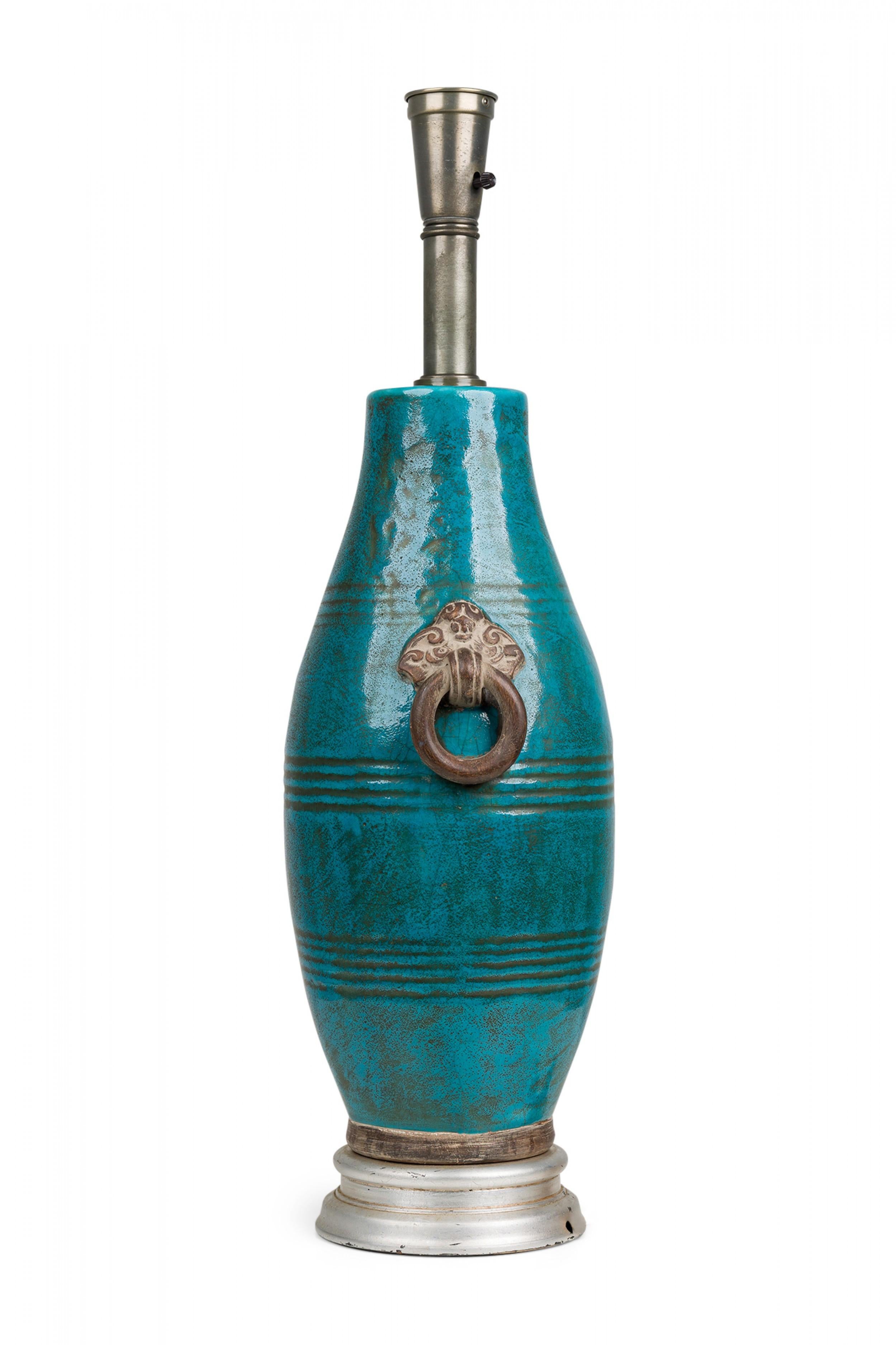 Italienische blau-grün glasierte Keramik-Tischlampe von Ugo Zaccagnini aus der Mitte des Jahrhunderts im Angebot 3