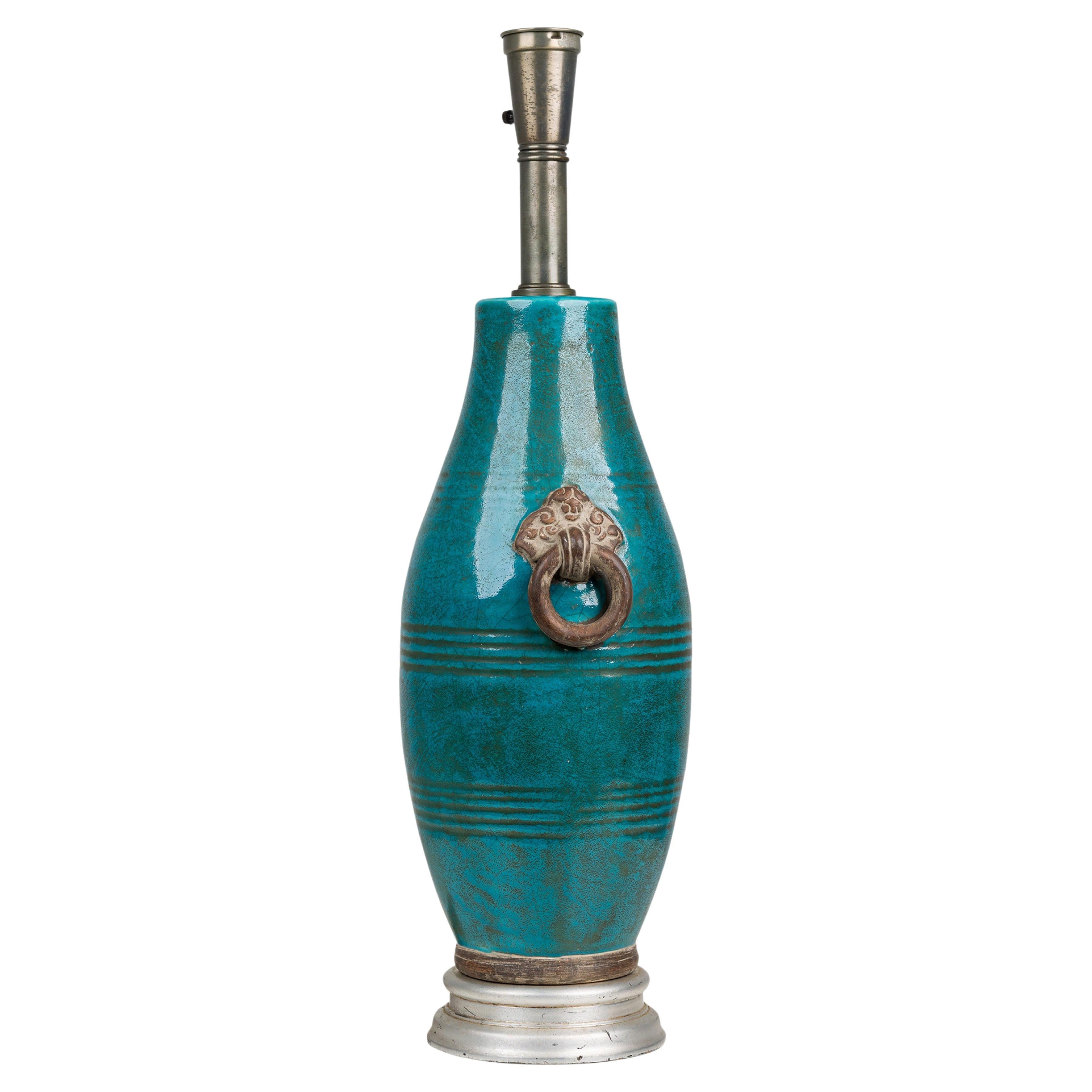 Ugo Zaccagnini Midcentury Italian Ceramic Blue / Green Glazed Table Lamp