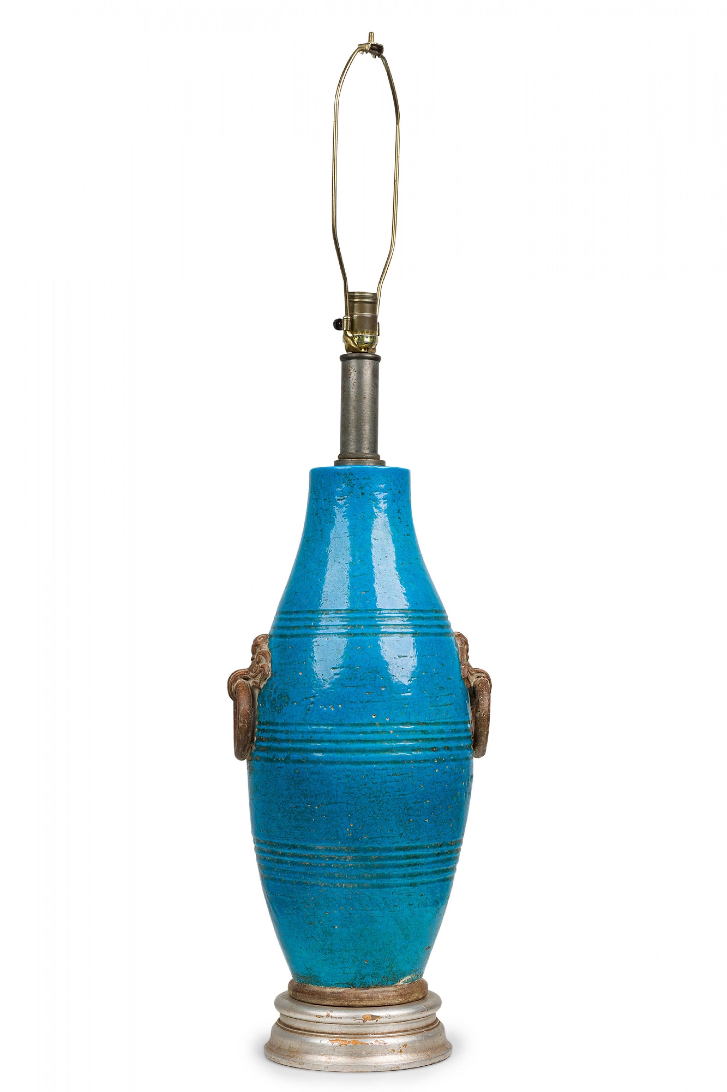Mid-Century Modern Ugo Zaccagnini Midcentury Italian Ceramic Persian Blue Glazed Table Lamp For Sale