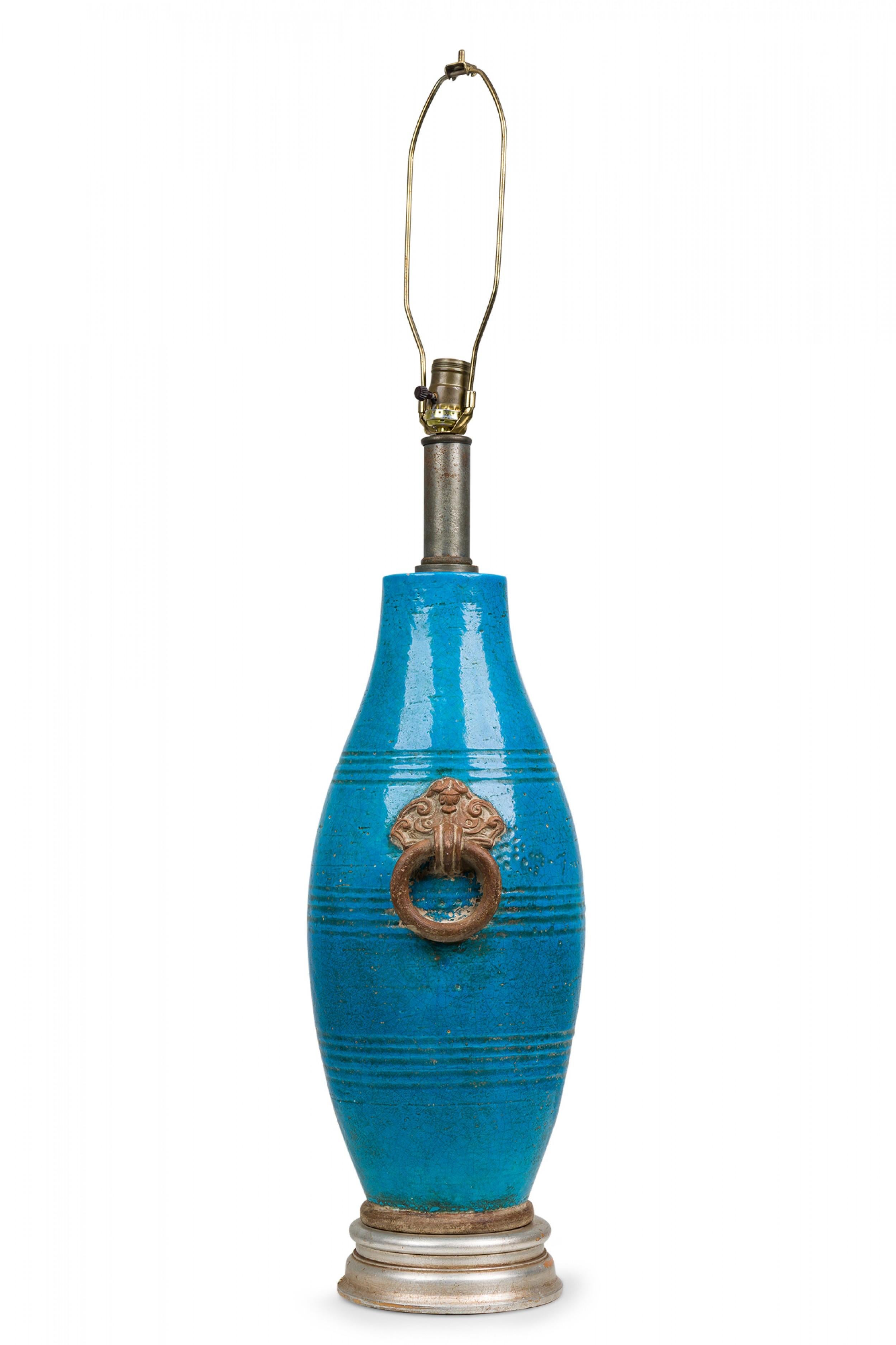 Ugo Zaccagnini Midcentury Italian Ceramic Persian Blue Glazed Table Lamp For Sale 2