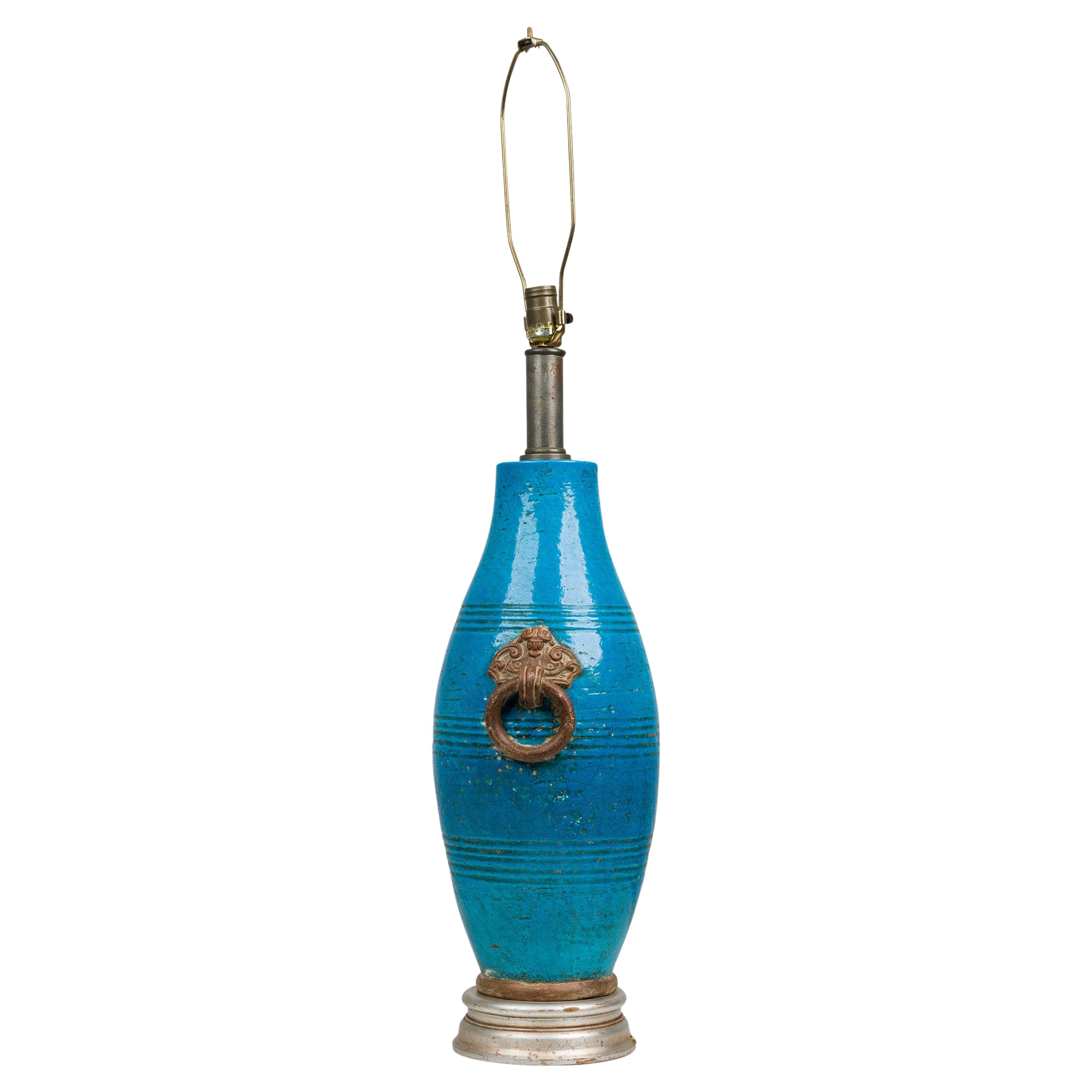 Ugo Zaccagnini Midcentury Italian Ceramic Persian Blue Glazed Table Lamp