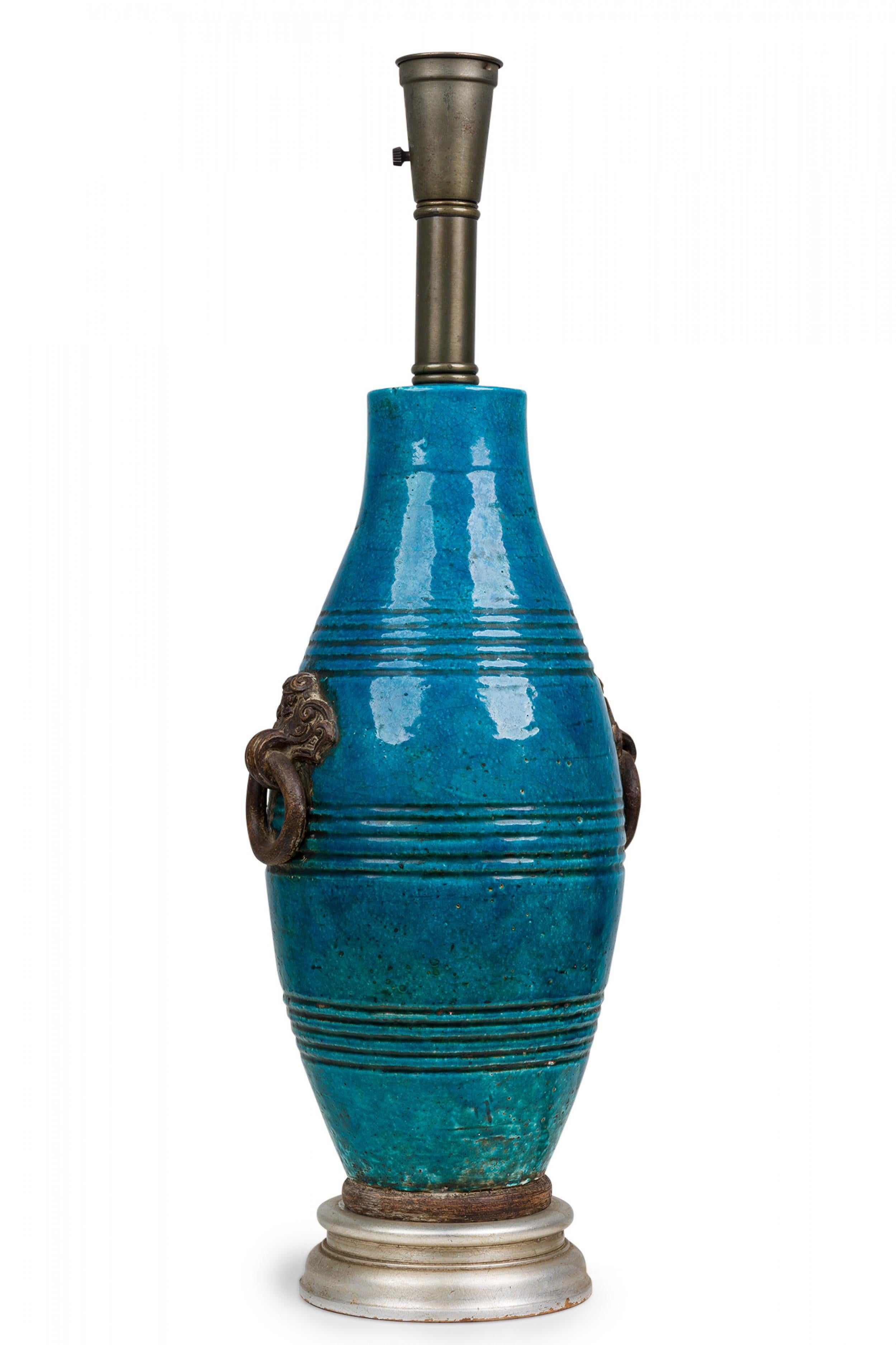 Ugo Zaccagnini Mid-Century Italian Ceramic Turquoise Blue Glazed Table Lamp For Sale 4
