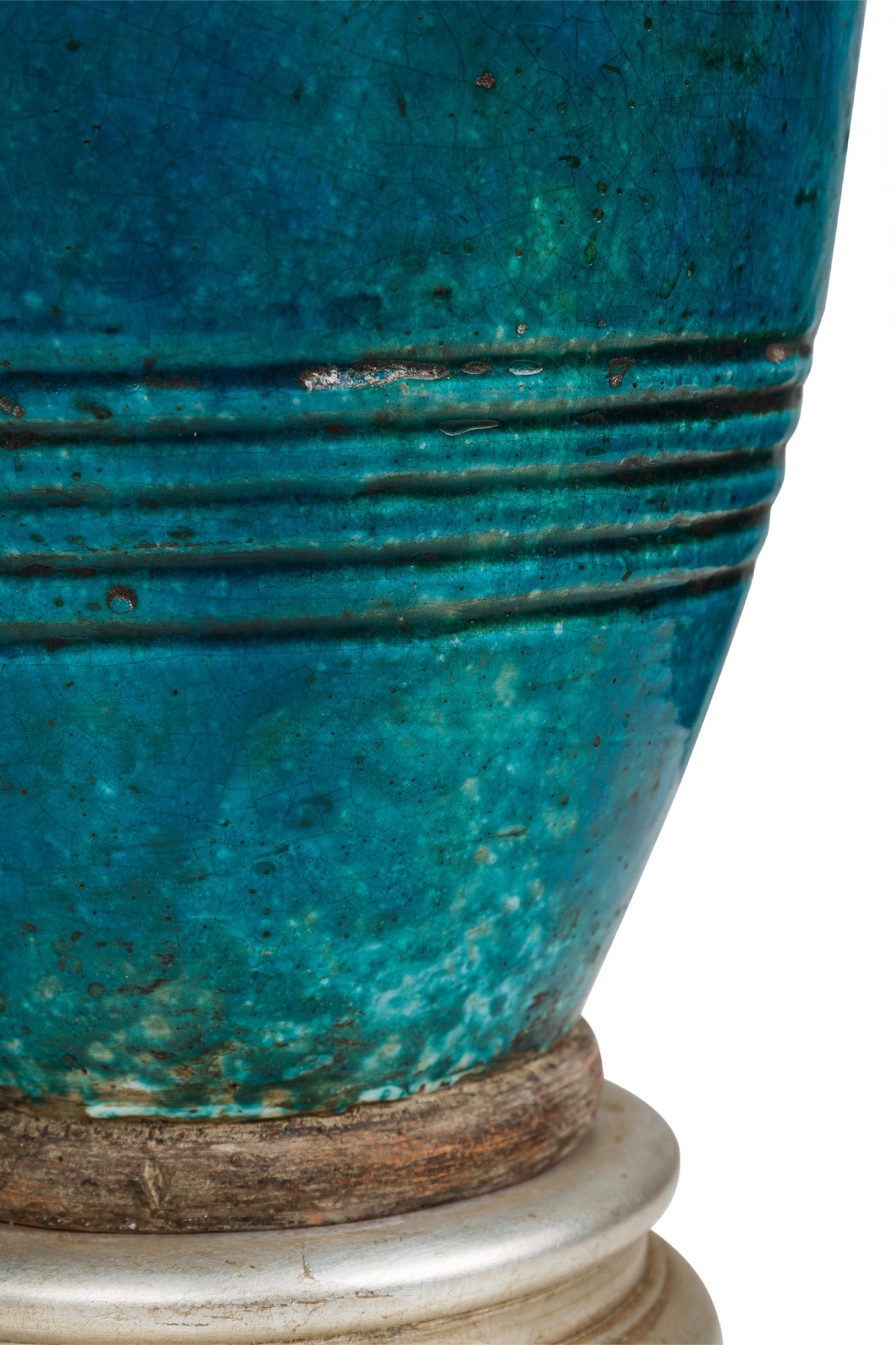 Pewter Ugo Zaccagnini Mid-Century Italian Ceramic Turquoise Blue Glazed Table Lamp For Sale