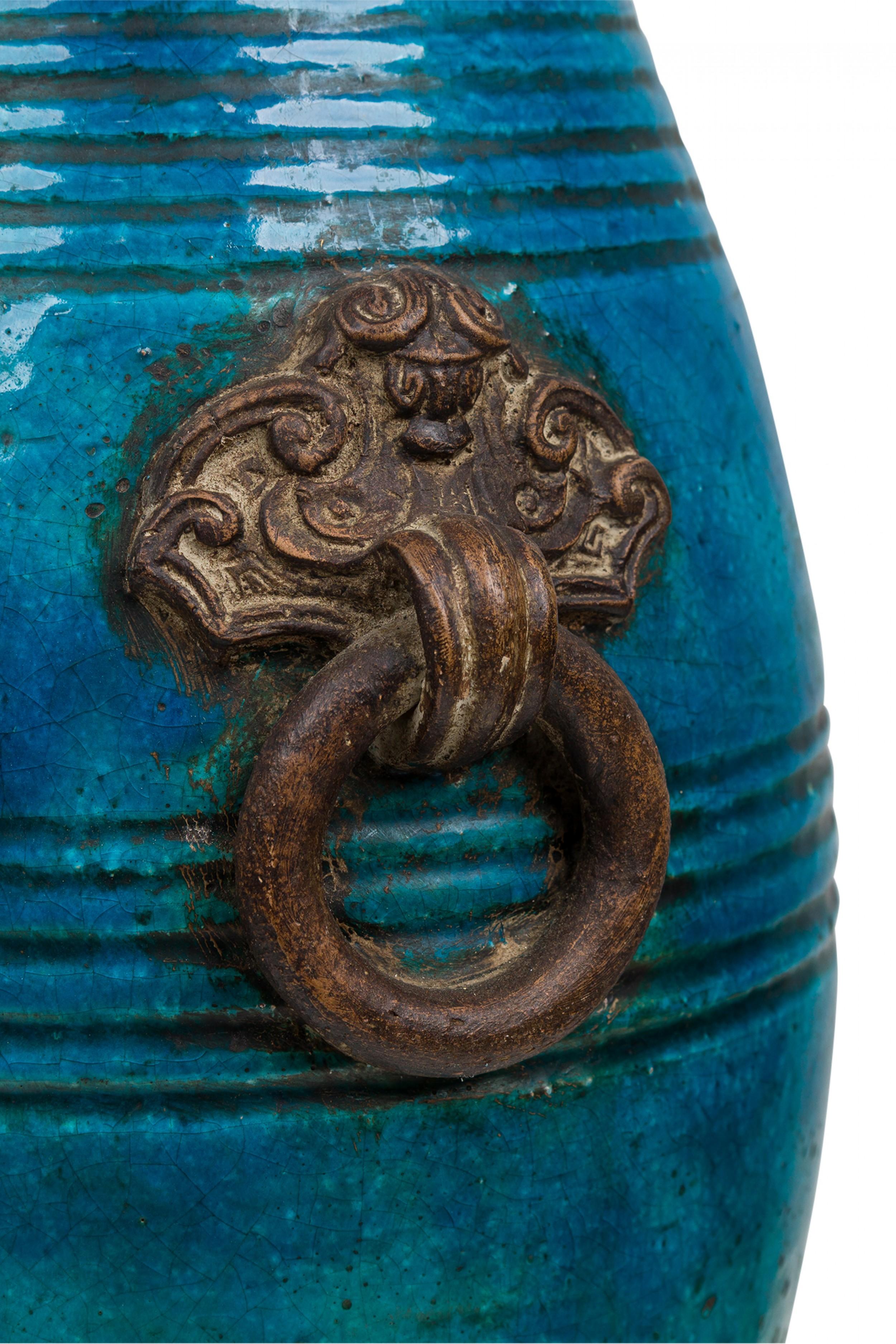 Ugo Zaccagnini Mid-Century Italian Ceramic Turquoise Blue Glazed Table Lamp For Sale 1