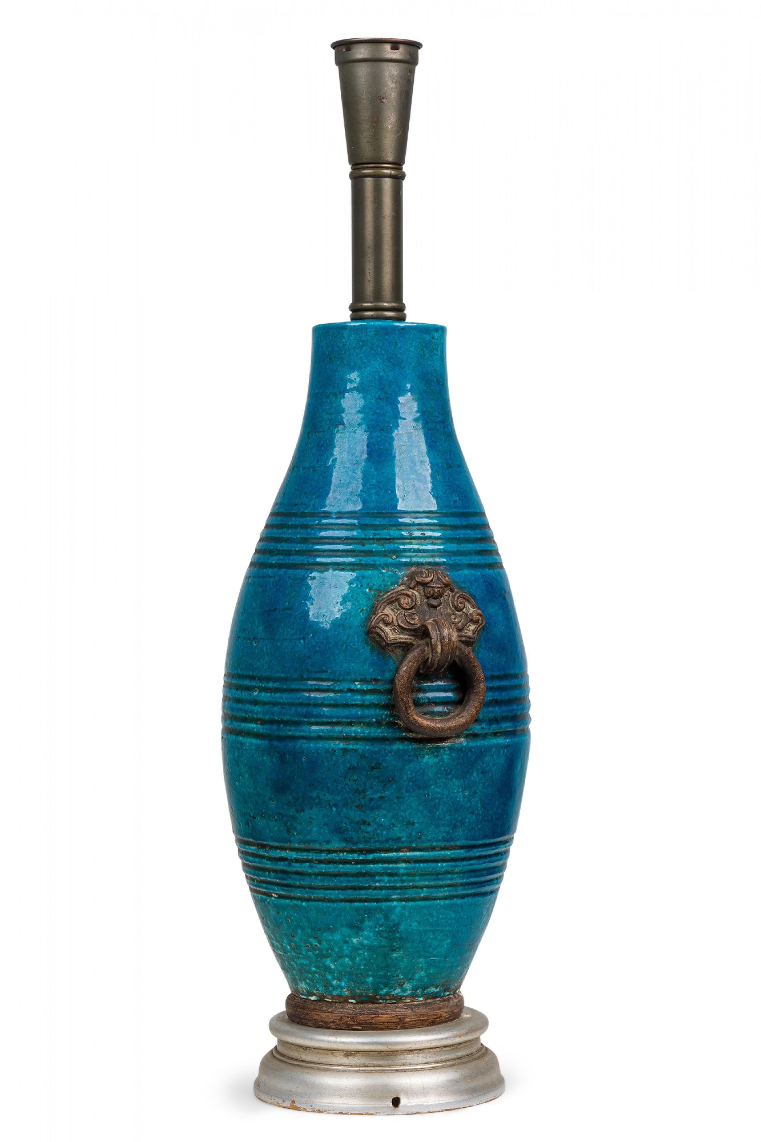 Ugo Zaccagnini Mid-Century Italian Ceramic Turquoise Blue Glazed Table Lamp For Sale 3