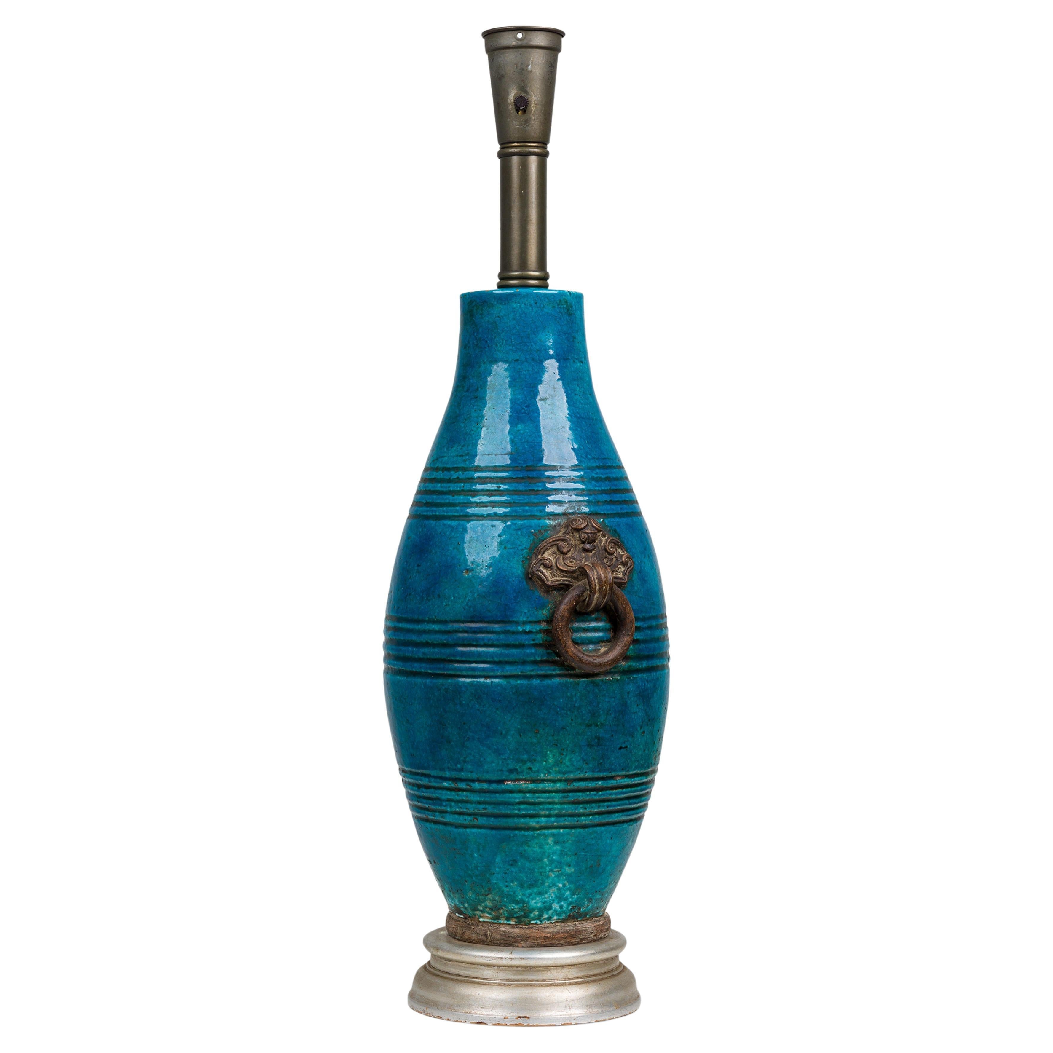 Ugo Zaccagnini Mid-Century Italian Ceramic Turquoise Blue Glazed Table Lamp For Sale