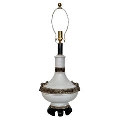Ugo Zaccagnini Ming Style Cocoa Banded Off White Glazed Pottery Lamp, C. 1960