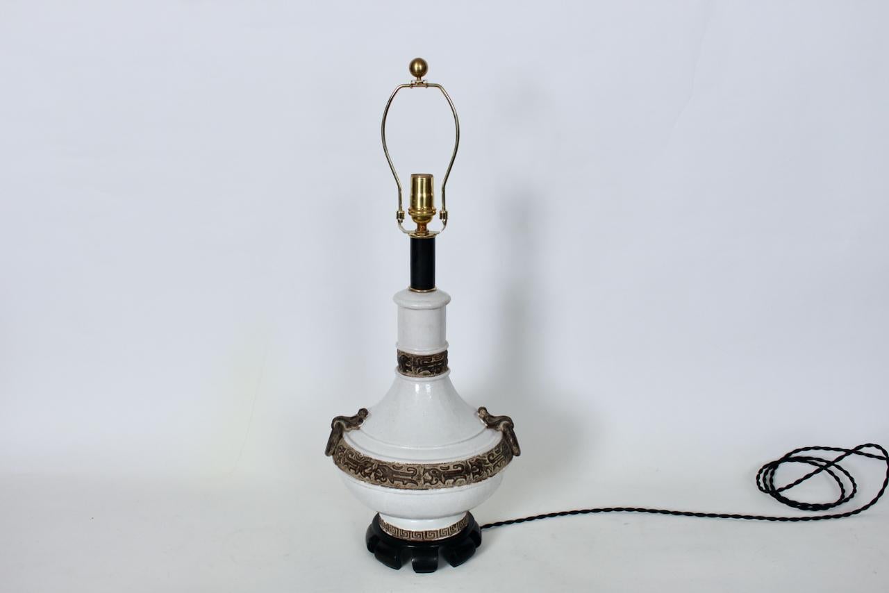 Brass Ugo Zaccagnini Ming Style Off White & Cocoa Banded Glazed Pottery Lamp, C. 1960 For Sale