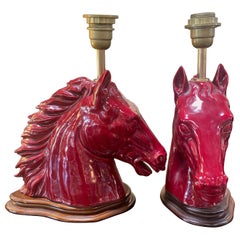 Ugo Zaccagnini Pair of Ceramic Horse Heads Table Lamps, Italy, 1950s