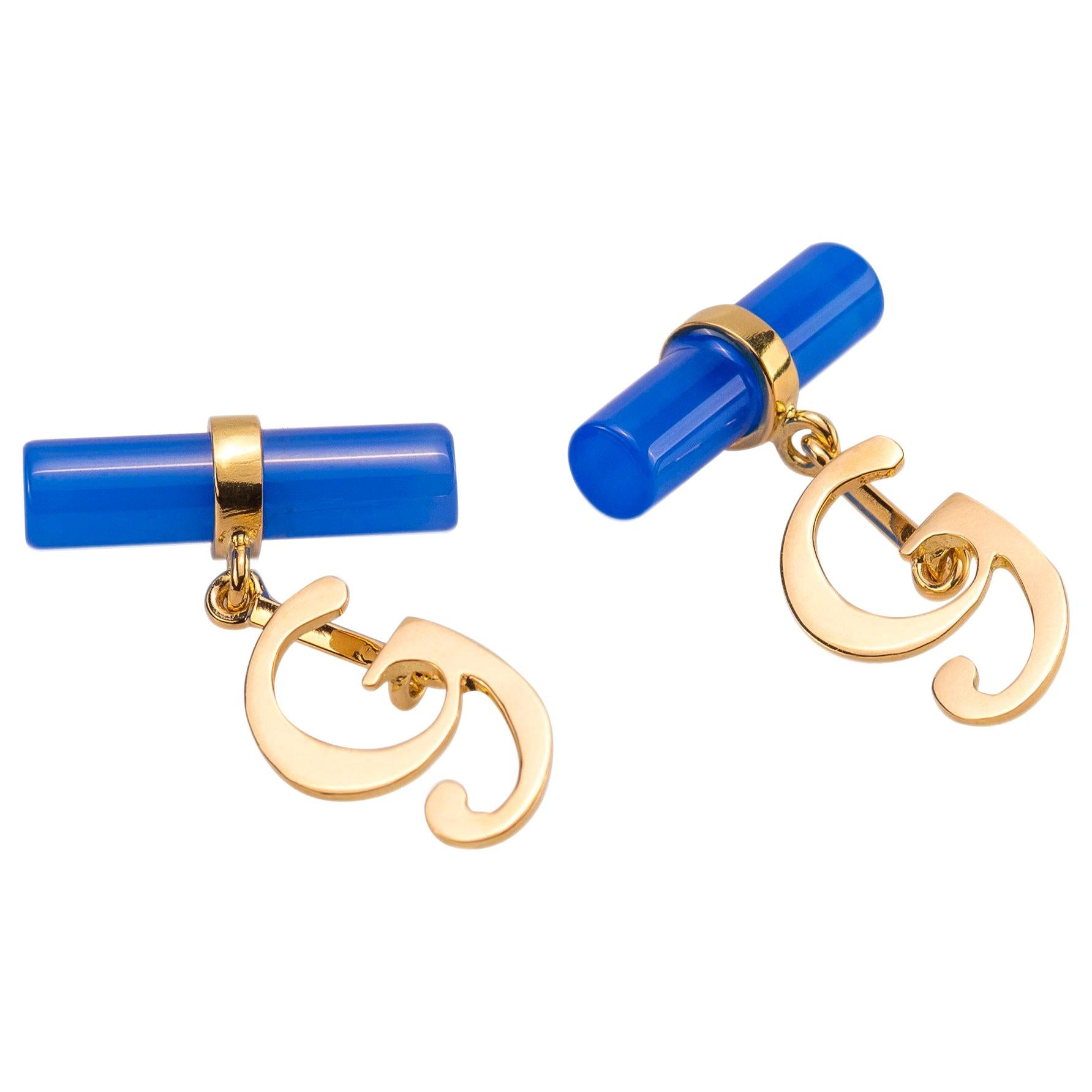 18 Karat Yellow Gold Blue Agate "Letter" Customizable Unisex Cufflinks