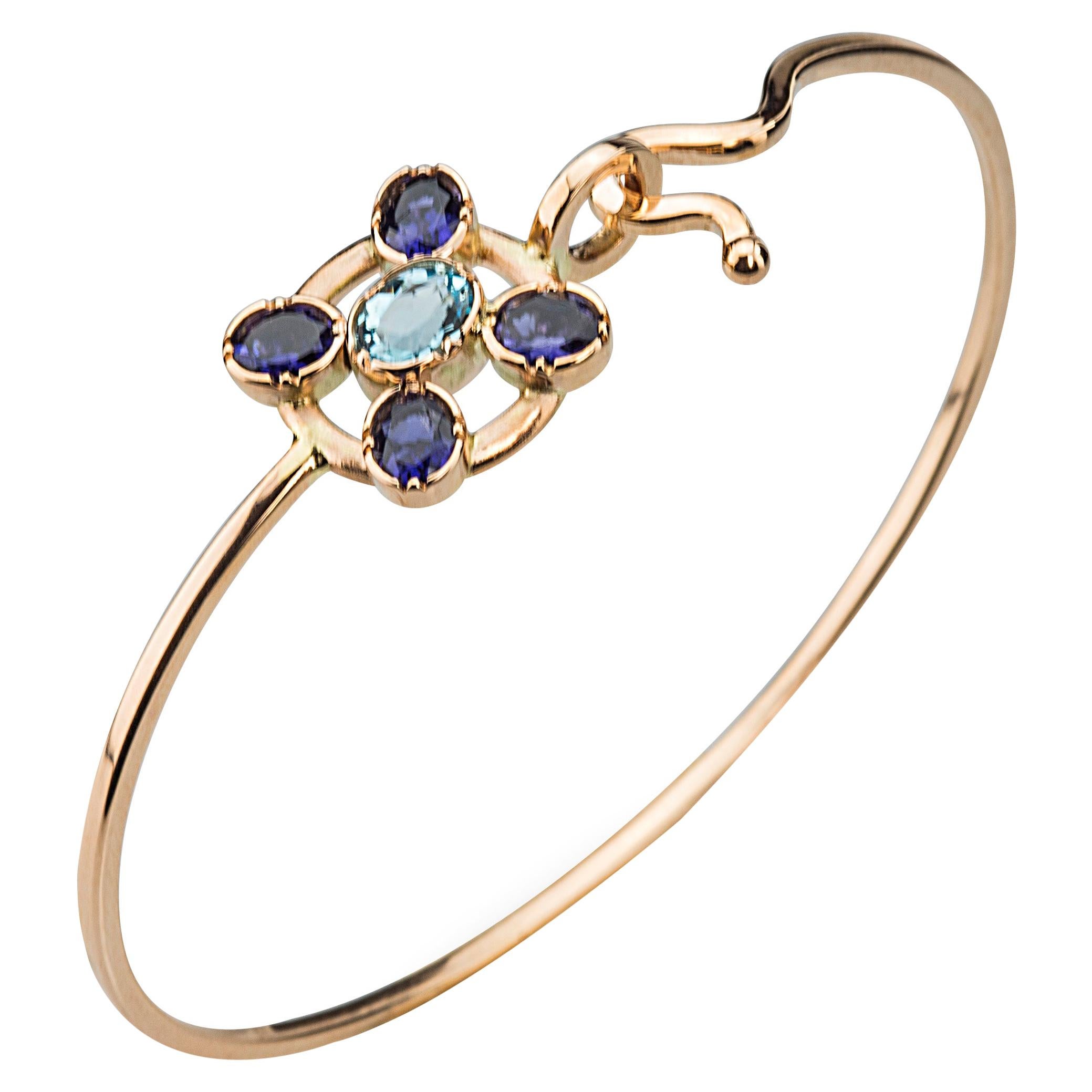  18K Gold Blue Sapphires Aquamarine Twisted Bangle Modern Flower Design Bracelet