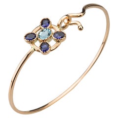  18K Gold Blue Sapphires Aquamarine Twisted Bangle Modern Flower Design Bracelet