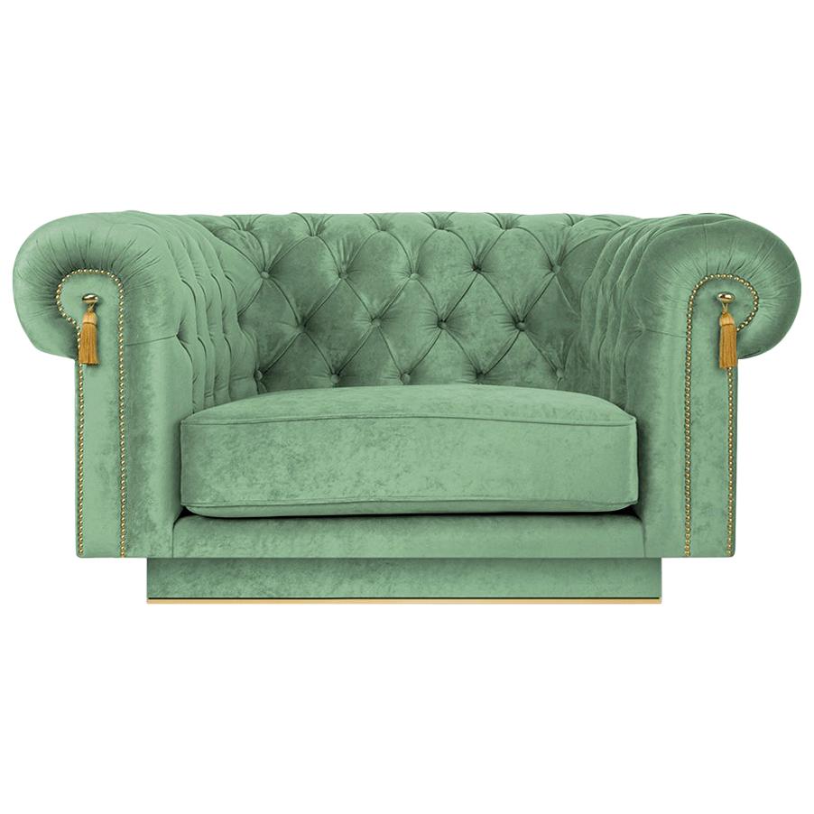 Modern Chesterfield Uk Armchair in Green Velvet and Polished Brass Footer