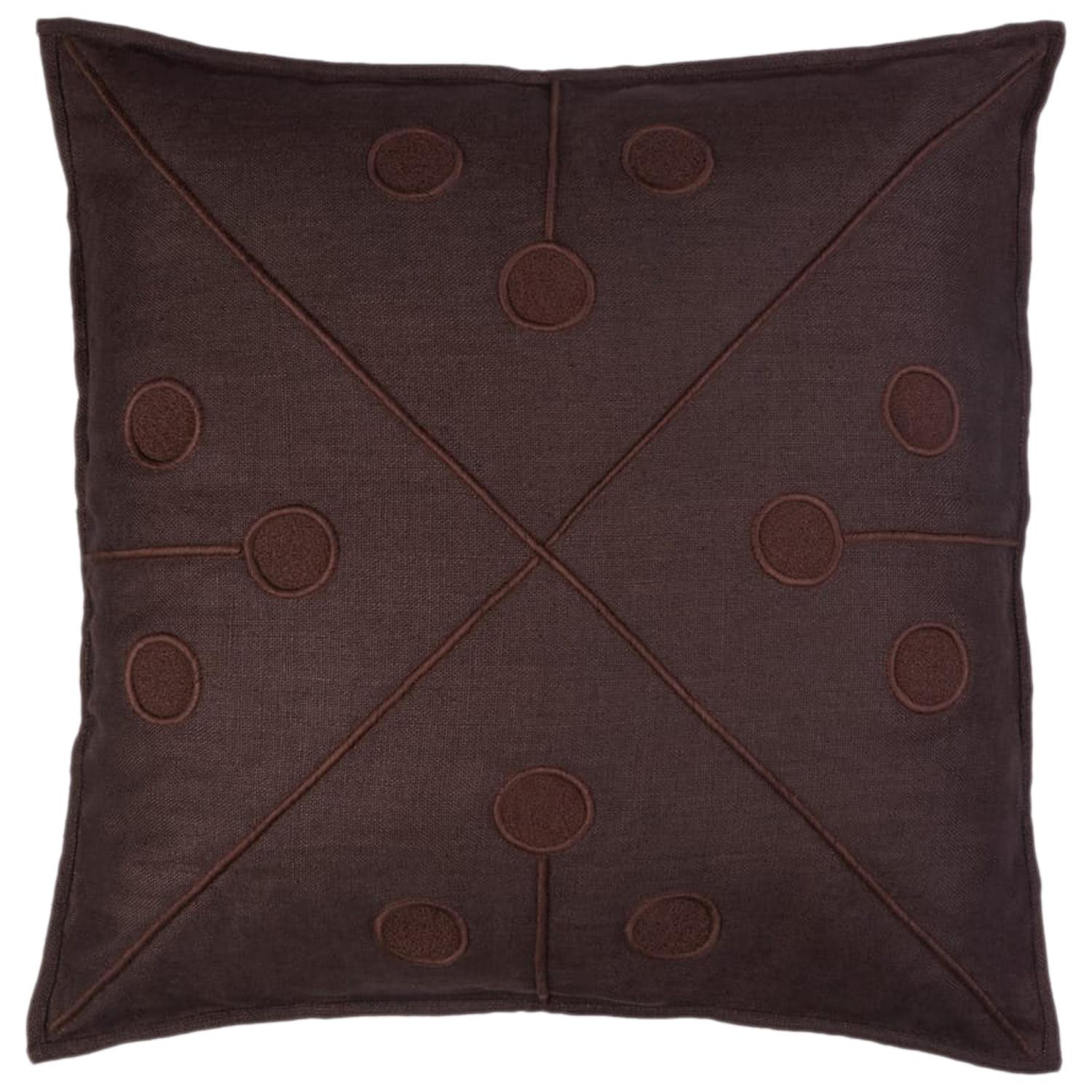 Ukiyo Hand Embroidered Brown Linen Pillow Cover For Sale