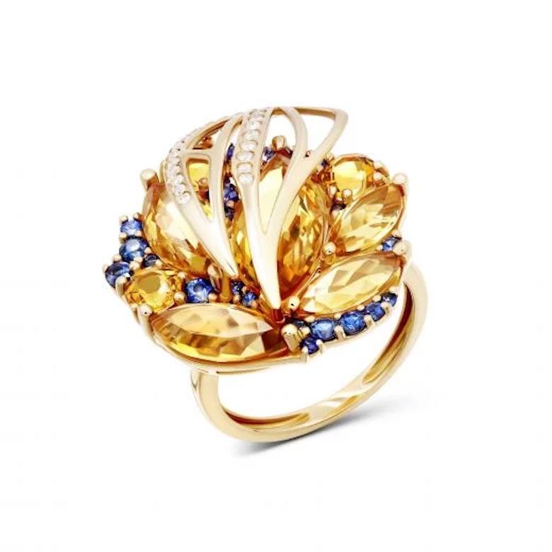 Ring Yellow Gold 18 K (Matching Earrings Available)

Diamond 24-RND57-0,2-3/6А 
Blue Sapphire 22-0,9 ct
Citrine 3-5,04 ct
Citrine 2-1,7 ct 
Citrine 3-1,17 ct

Weight 9,66 grams
Size 7.8 USA

With a heritage of ancient fine Swiss jewelry traditions,