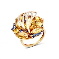 Ukrainian Collection Diamond Blue Sapphire Citrine Yellow 18k Gold Ring for Her