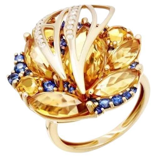 Ukrainian Collection Diamond Blue Sapphire Citrine Yellow 18k Gold Ring for Her For Sale