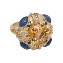 Ukrainian Heritage Citrine and Sapphire Gold Three-Stone Designer Diamond Ring