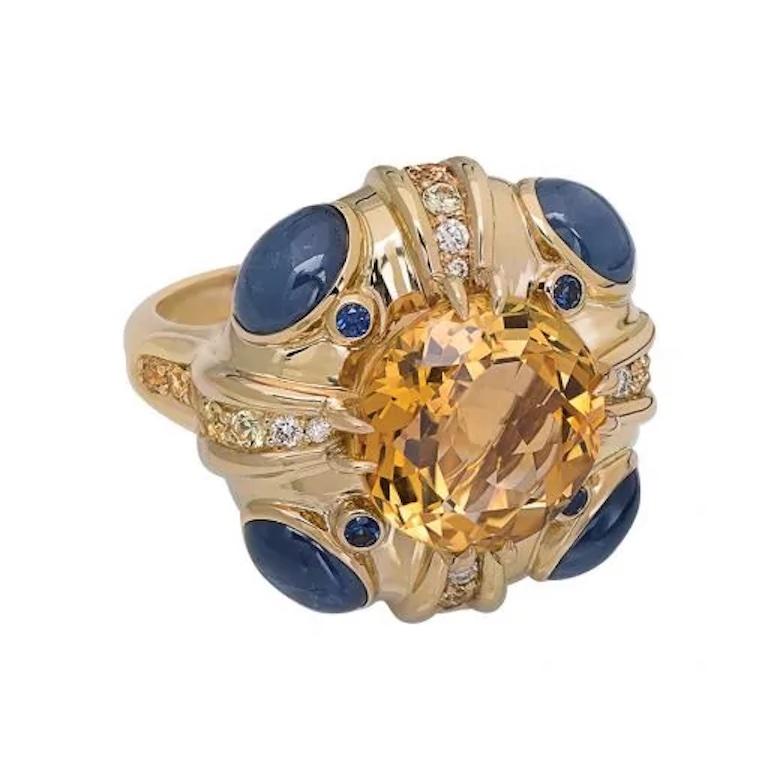 Russischer Designer-Diamantring aus Gold mit drei Steinen, Citrin und Saphir, Ukrainisches Heritage (Antiker Kissenschliff) im Angebot