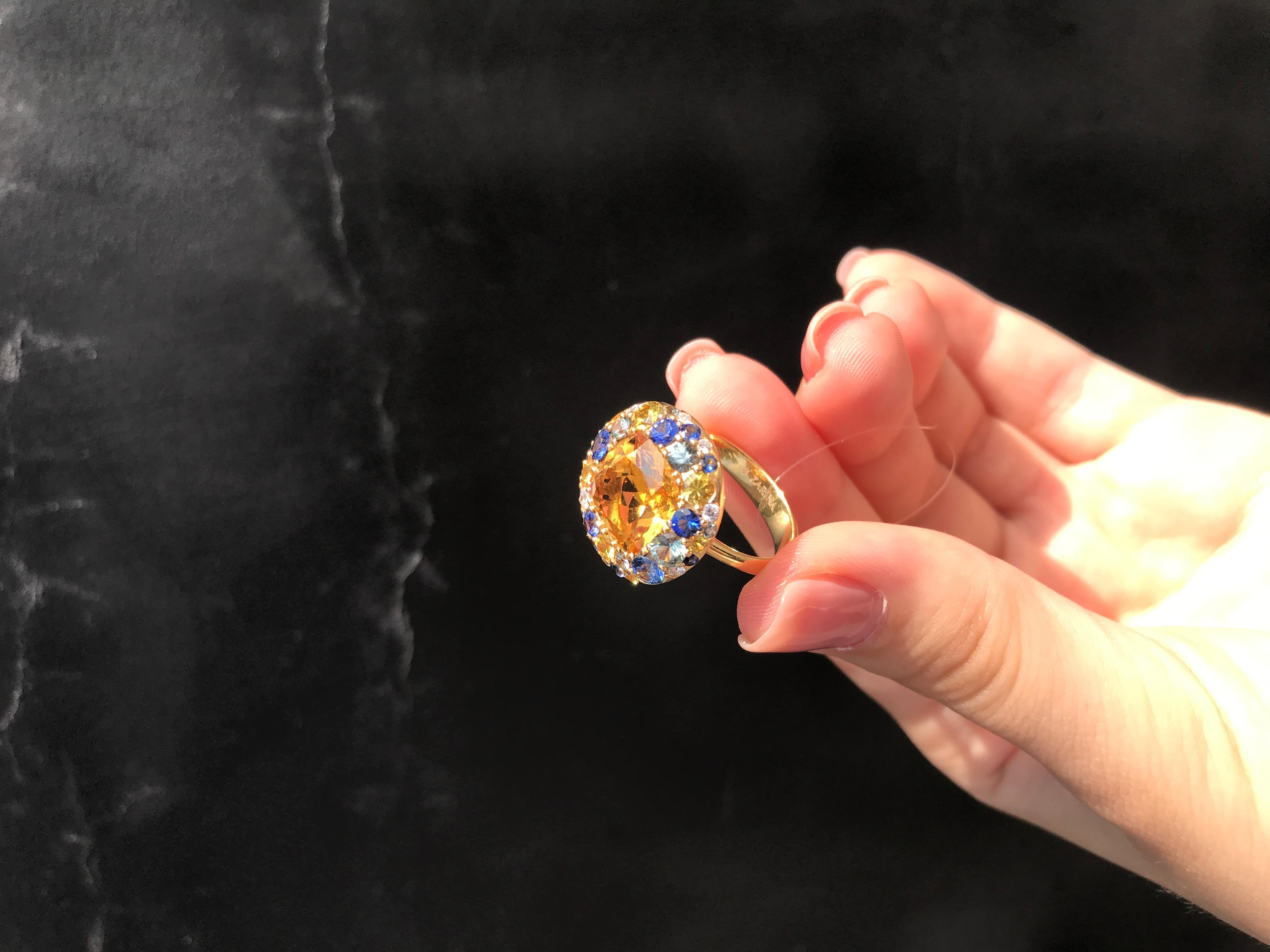 Antique Cushion Cut Ukrainian Heritage Citrine and Sapphire Gold Three-Stone Designer Diamond Ring For Sale