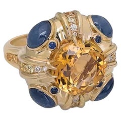 Ukrainian Heritage Citrine and Sapphire Gold Three-Stone Designer Diamond Ring