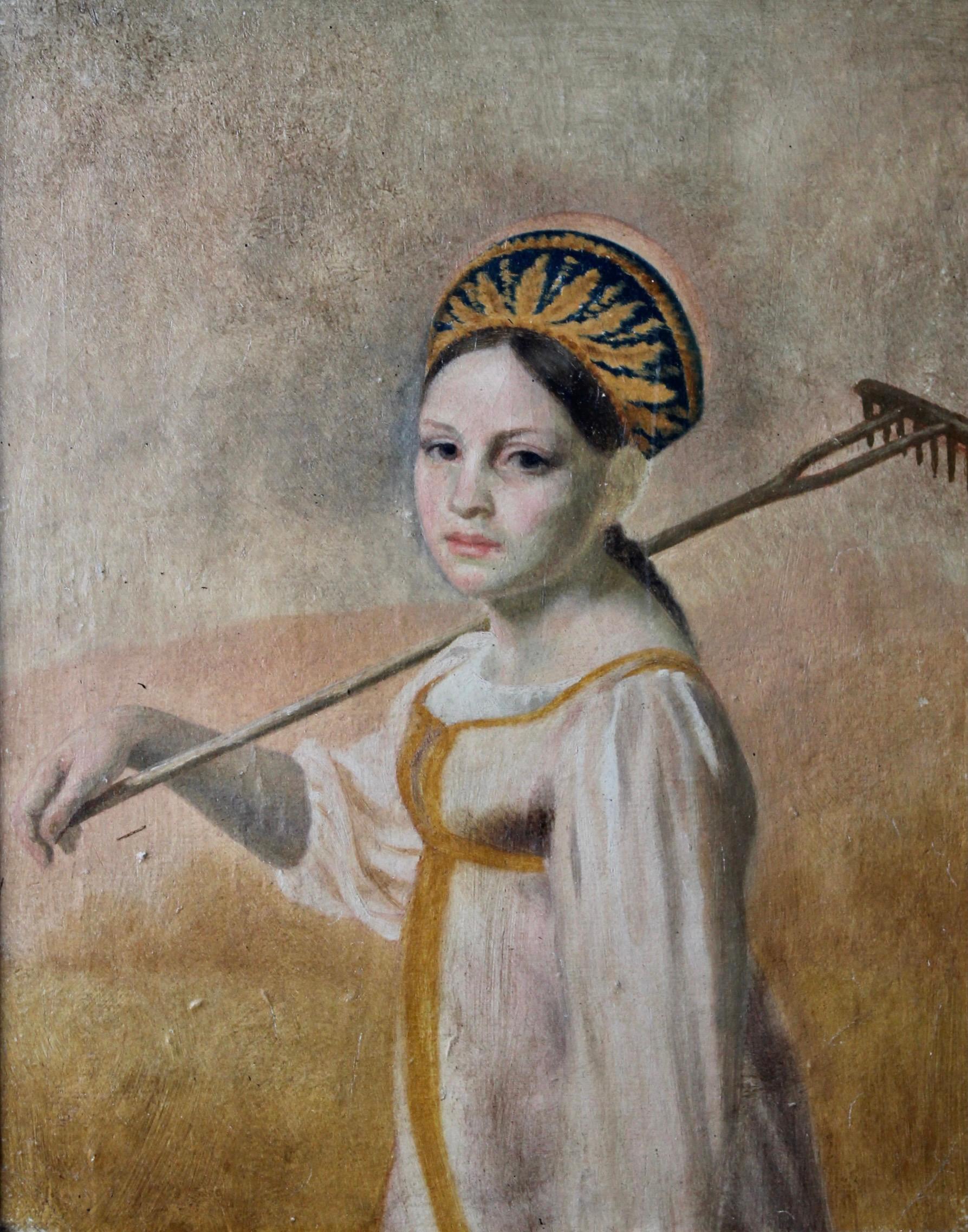 Beautifully painted oil on board, Soviet genre study of a peasant woman in traditional dress with a rake resting on her shoulder. Framed 20