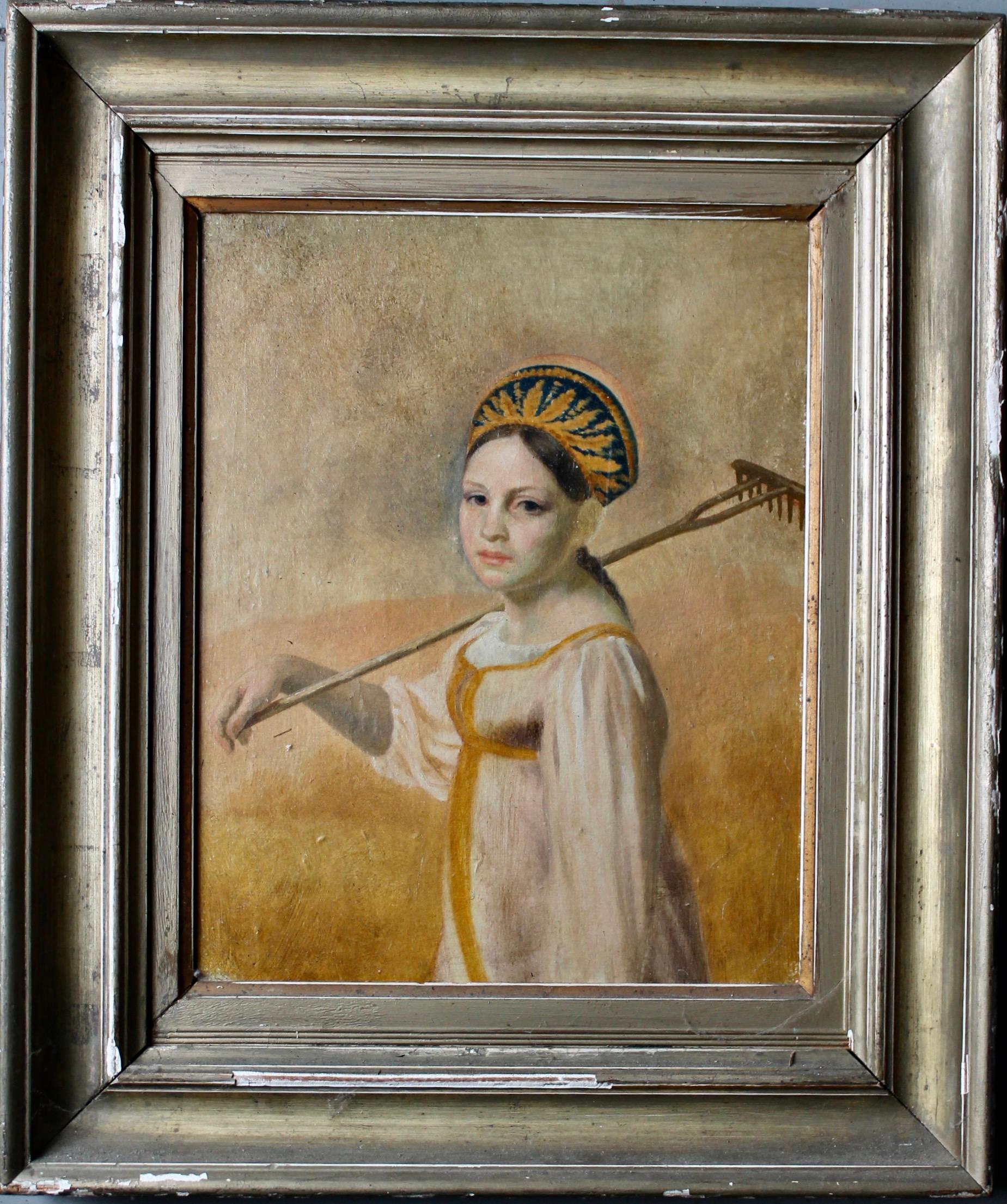 Ukrainian Woman in Peasant Dress with Rake In Good Condition For Sale In Sharon, CT