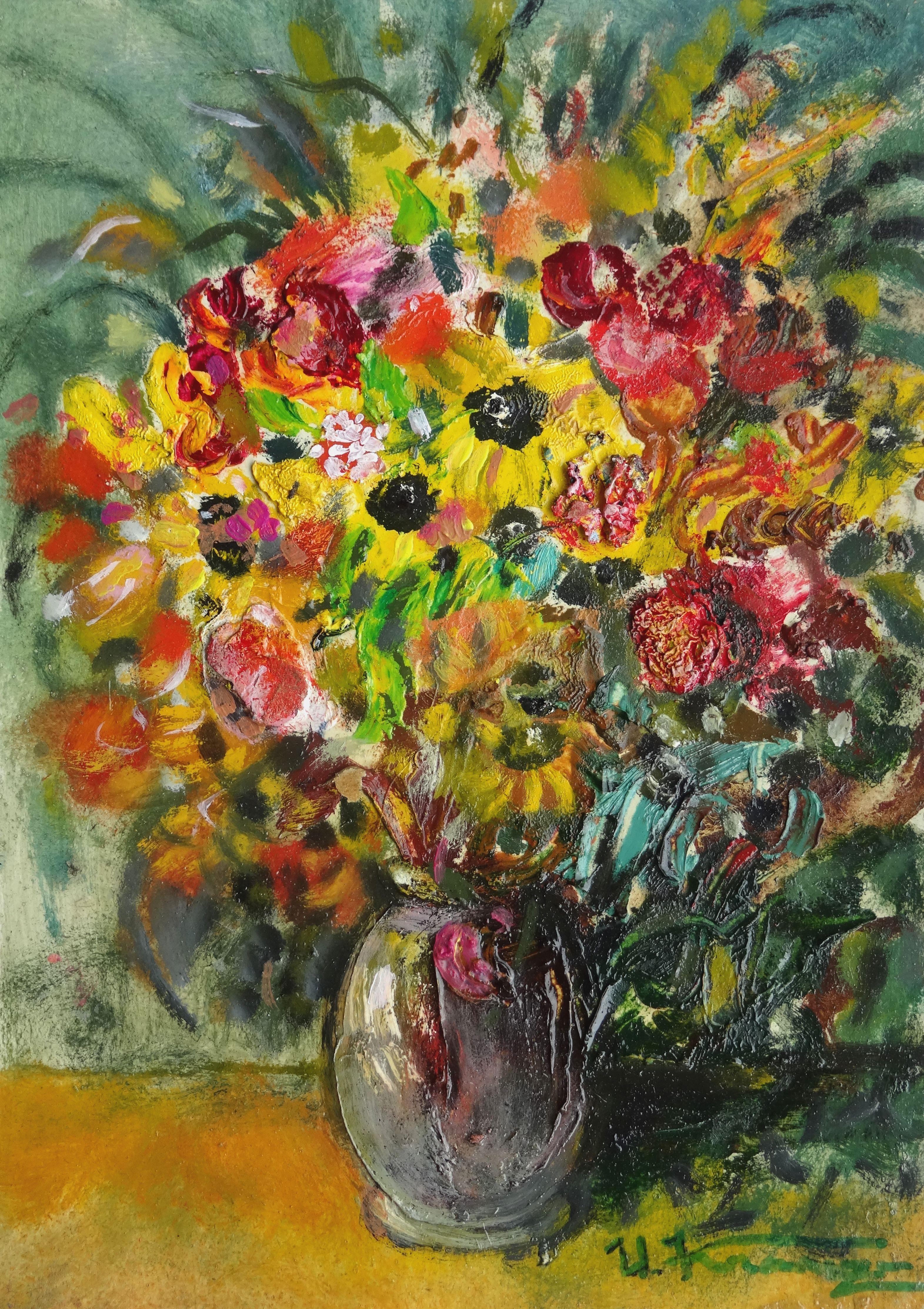 Blumenstrauß mit Sonnenblumen. Kartenkarton, Öl, 31,5x22 cm