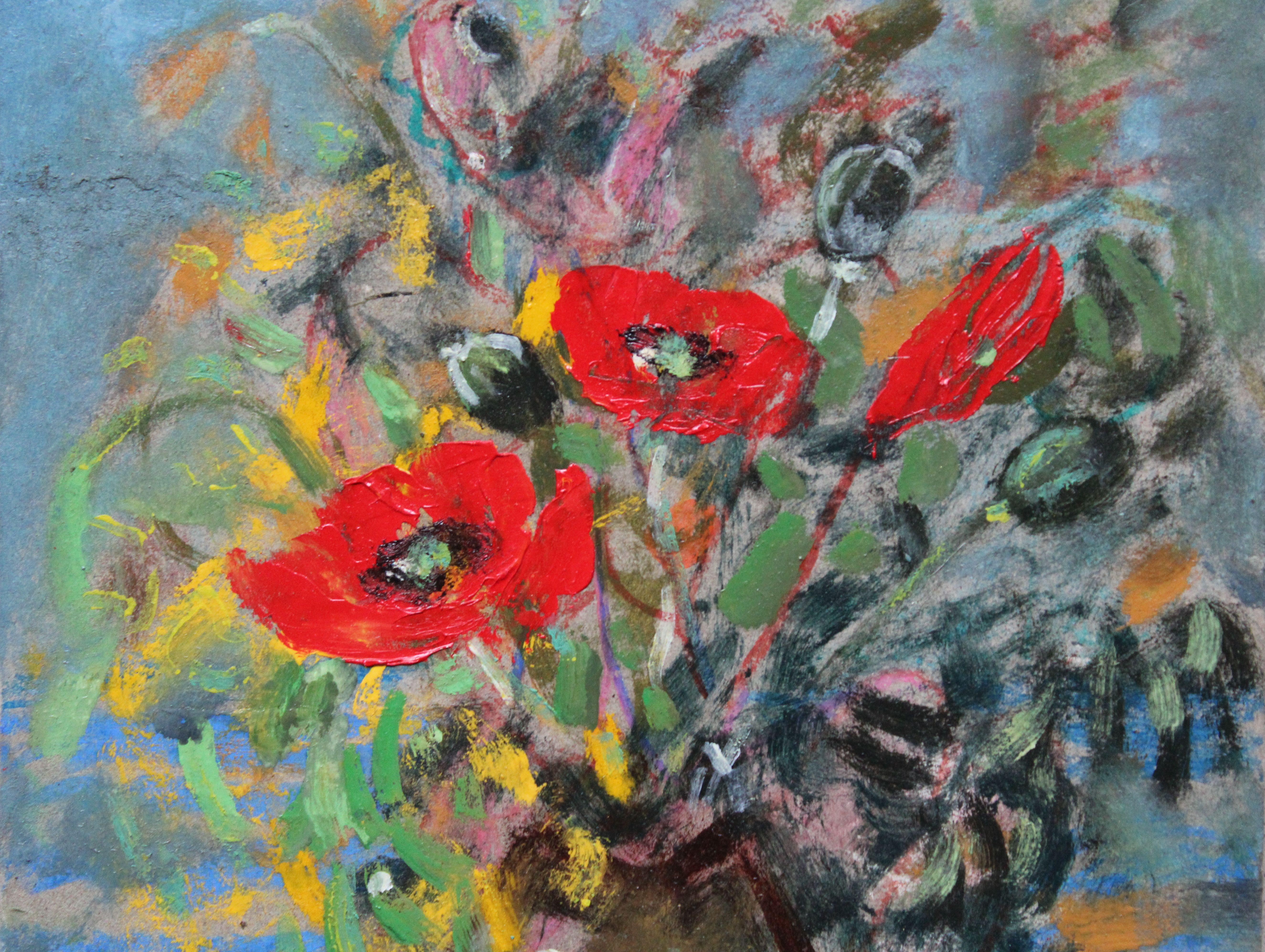 Bouquet with poppies  Cardboard, oil, 29.3x23.5 cm - Impressionist Painting by Uldis Krauze