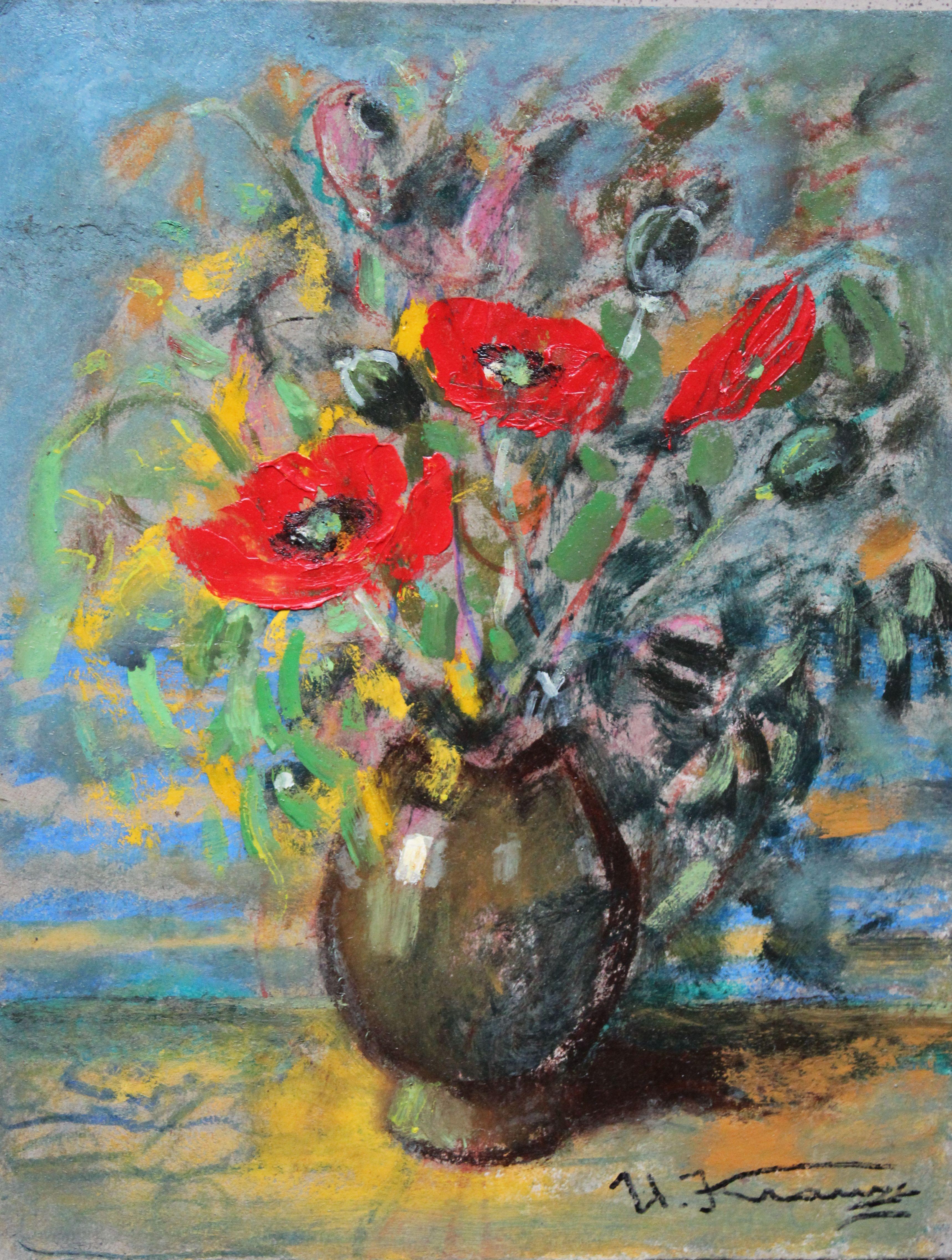 Uldis Krauze Still-Life Painting – Blumenstrauß mit Mohnblumen  Kartenkarton, Öl, 29.3x23,5 cm