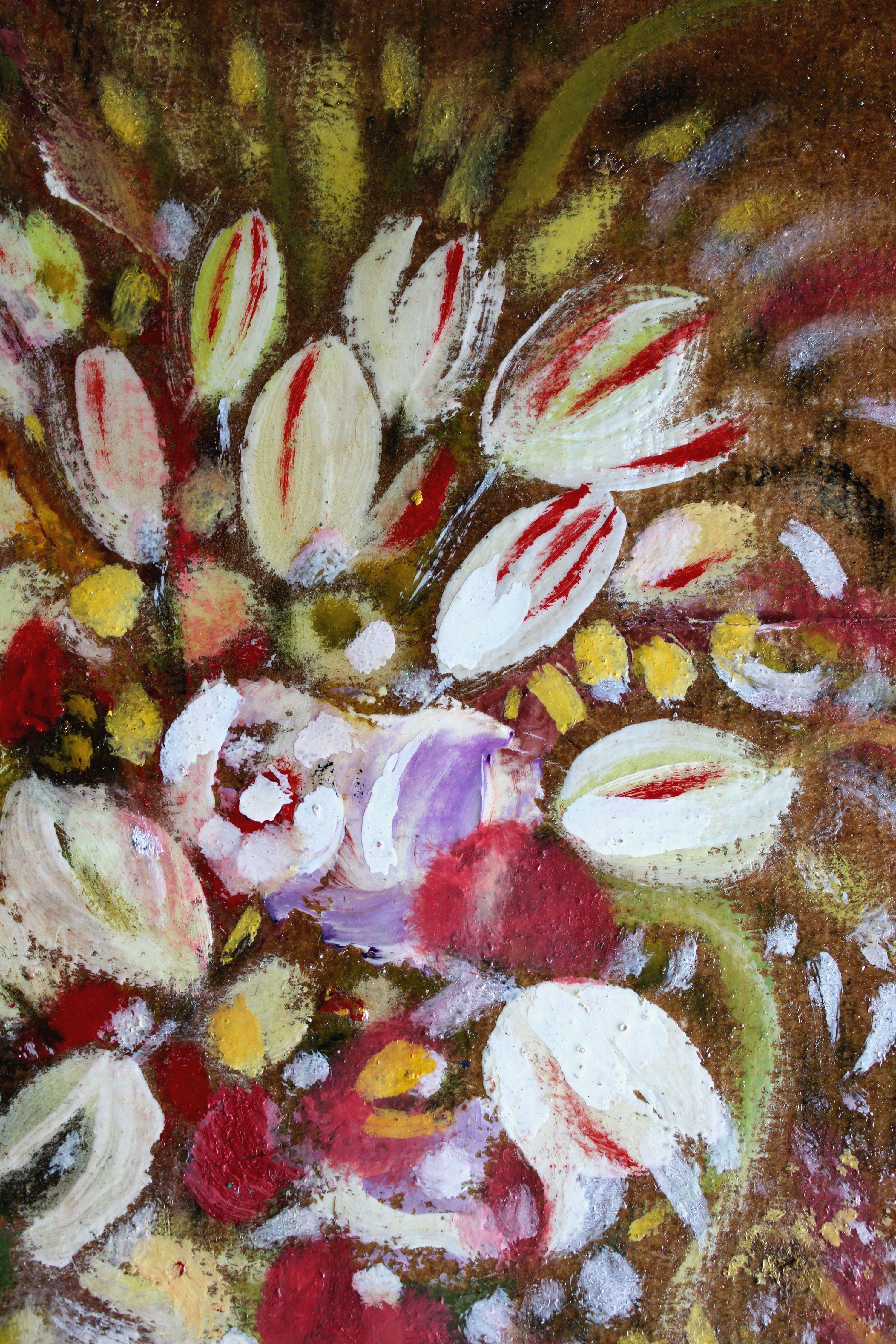 Bouquet di tulipani. 2023, cartone, tecnica mista, 32x23 cm - Abstract Painting Marrone di Uldis Krauze