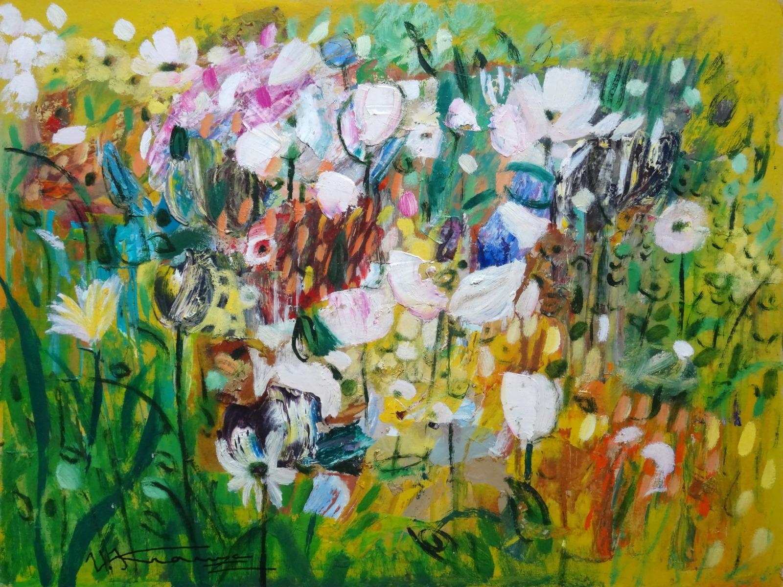 Uldis Krauze Landscape Painting - Bright flowers in the garden  Cardboard, oil, 44x58.5 cm