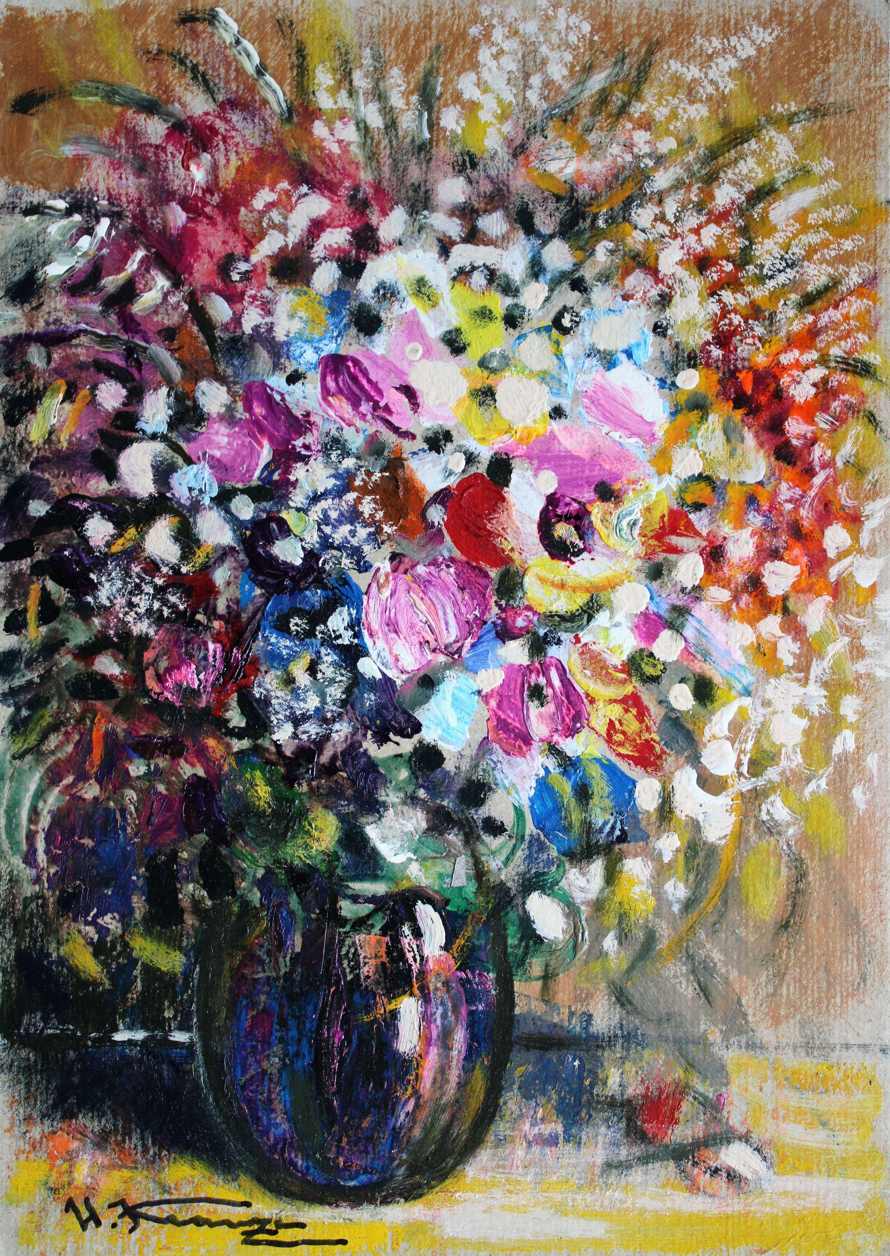 Composition dans un vase en marbre. 2024., carton, techniques mixtes, 31, 5 x 22 cm