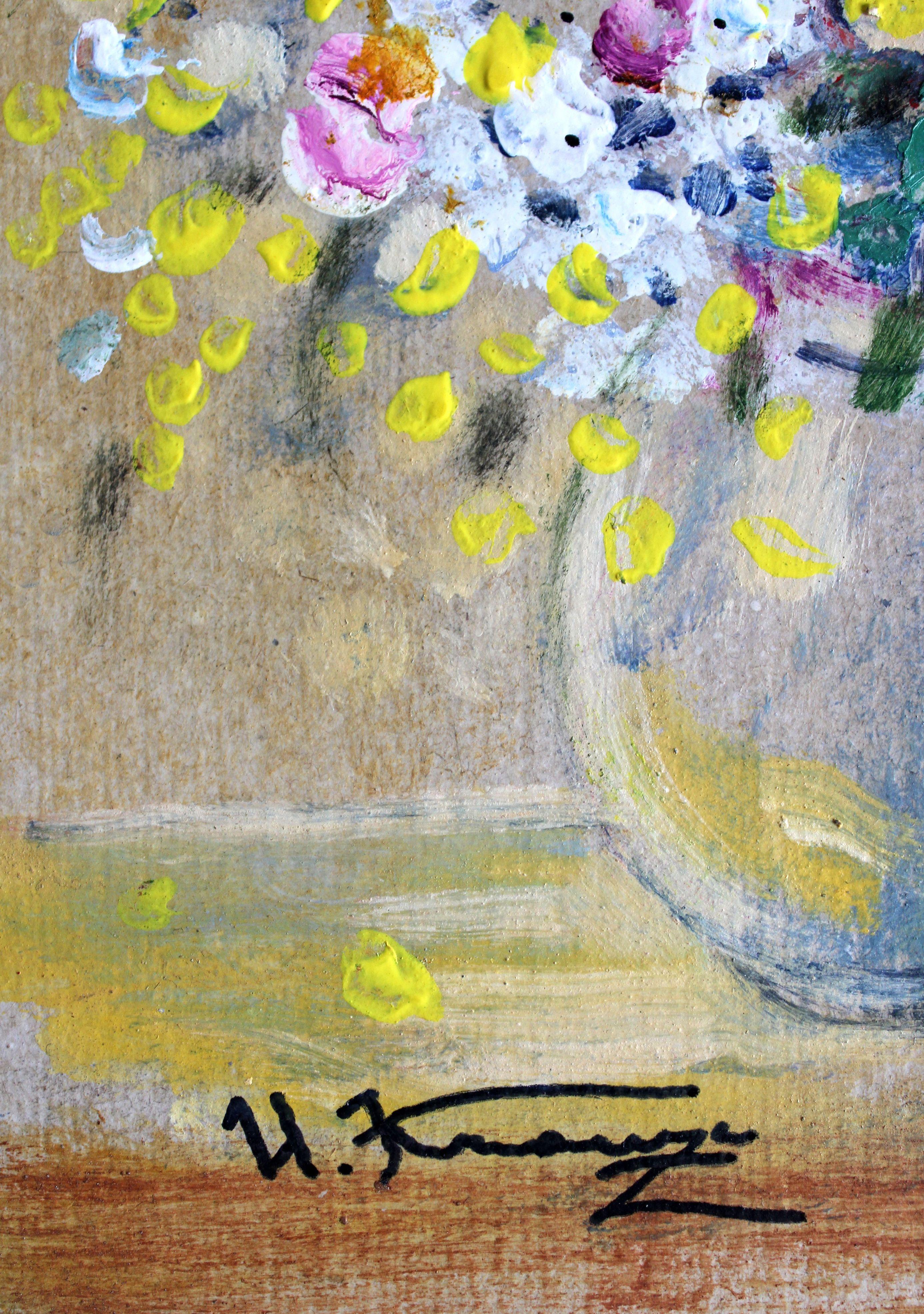 Komposition mit weißen Blumen. 2023, Karton, Mischtechnik, 31. 5 x 22 cm – Painting von Uldis Krauze