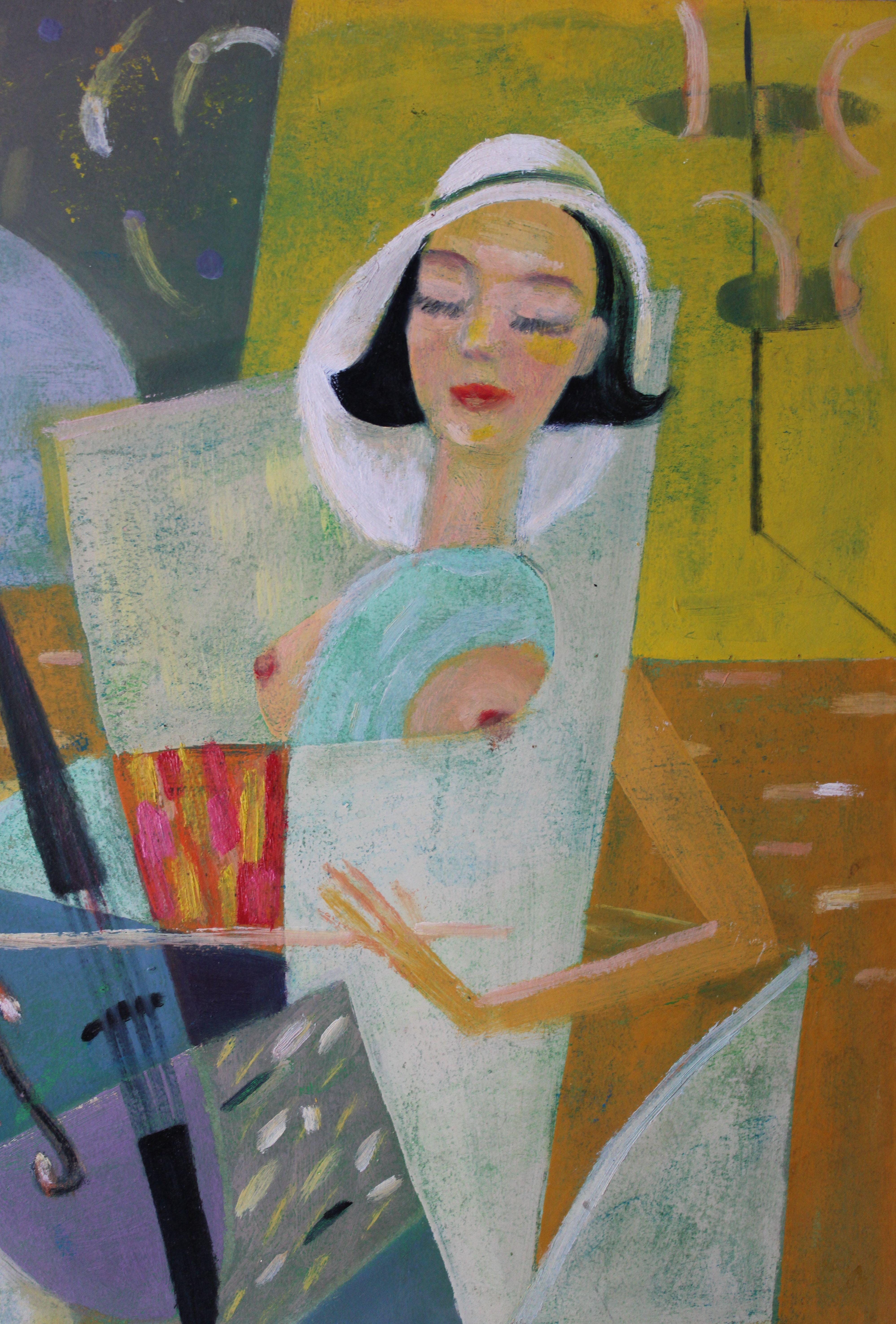Constructive cellist  2001., cardboard, oil, 64x45 cm - Impressionist Painting by Uldis Krauze