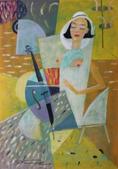Constructive cellist  2001., cardboard, oil, 64x45 cm