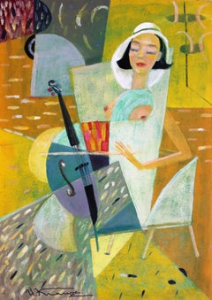 Constructive cellist  2001., cardboard, oil, 64x45 cm