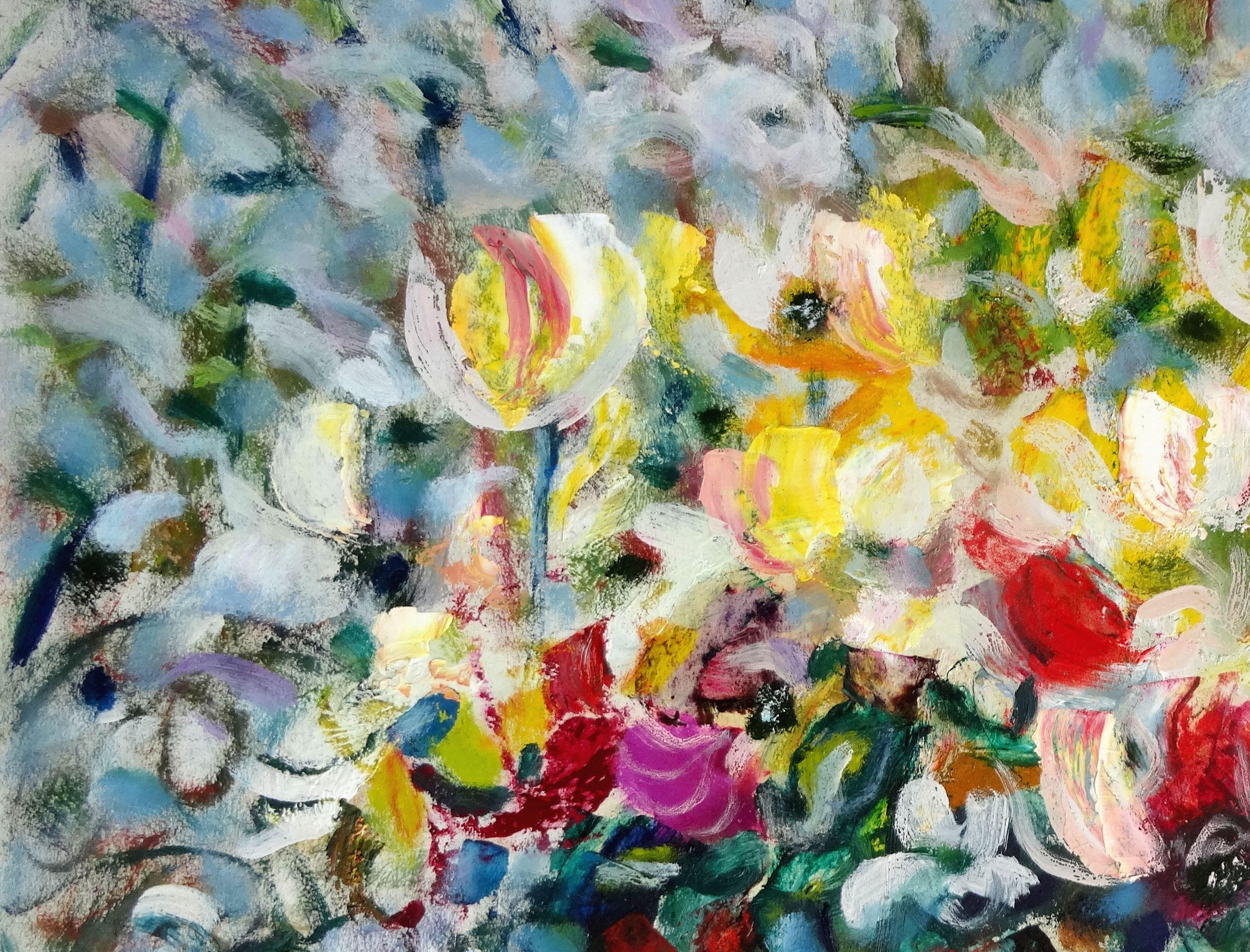 Flower garden. 2020, cardboard, oil, 50x70 cm - Impressionist Painting by Uldis Krauze