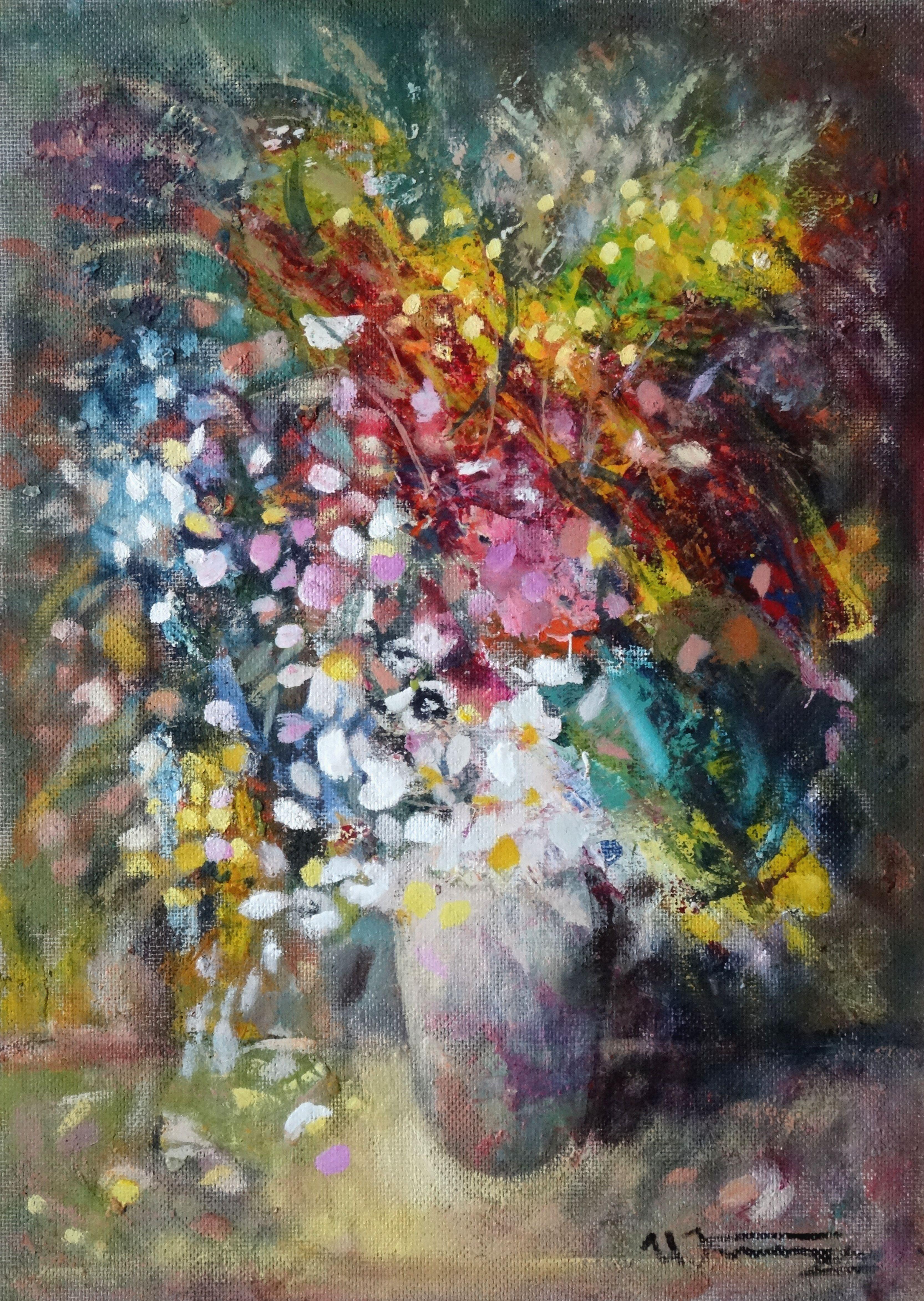 Uldis Krauze Still-Life Painting - Flower motif. Masonite, oil, 51x36 cm