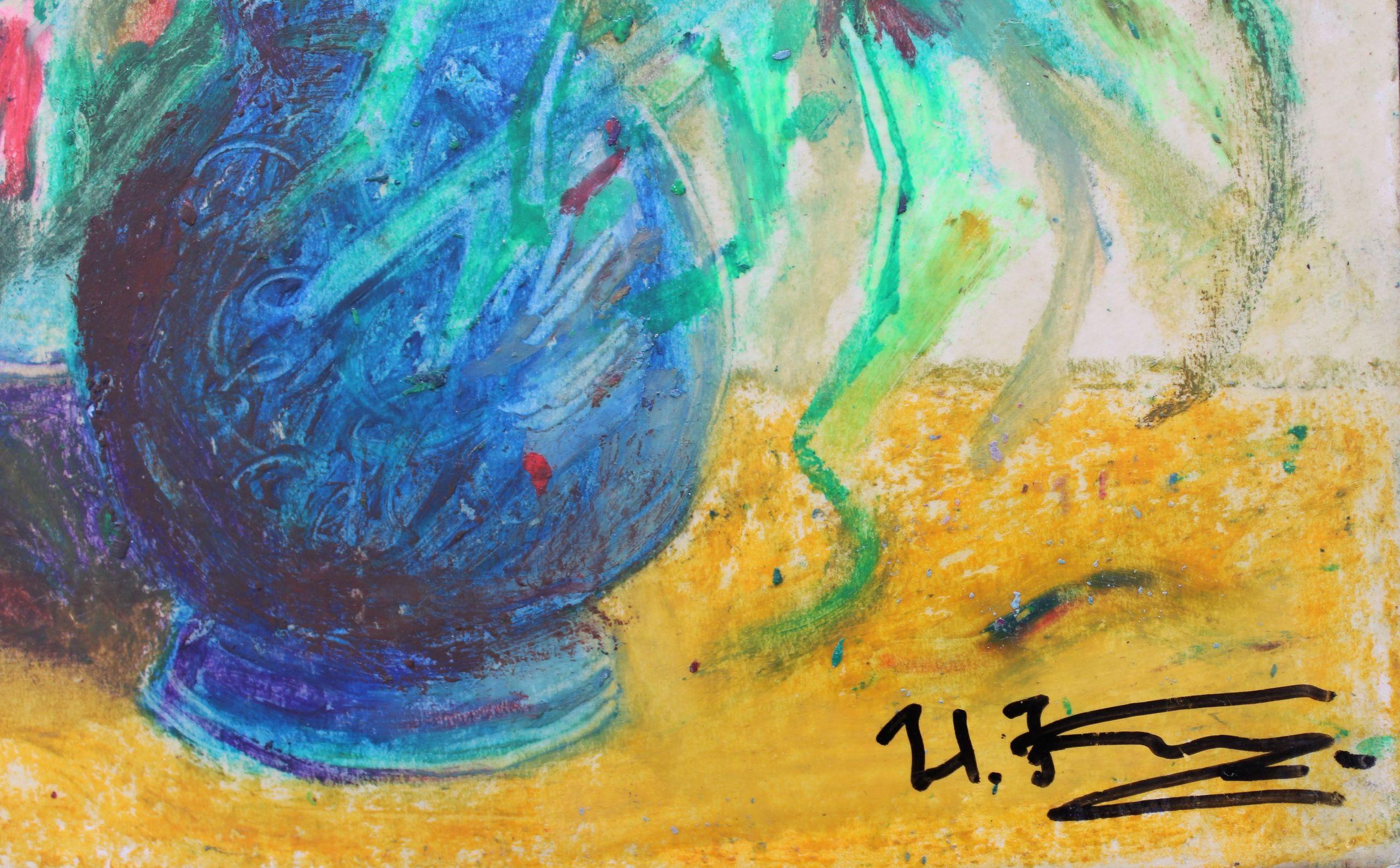 Fleurs dans un vase bleu. Cardboard, technique d'auteur, 29x21,5 cm - Painting de Uldis Krauze