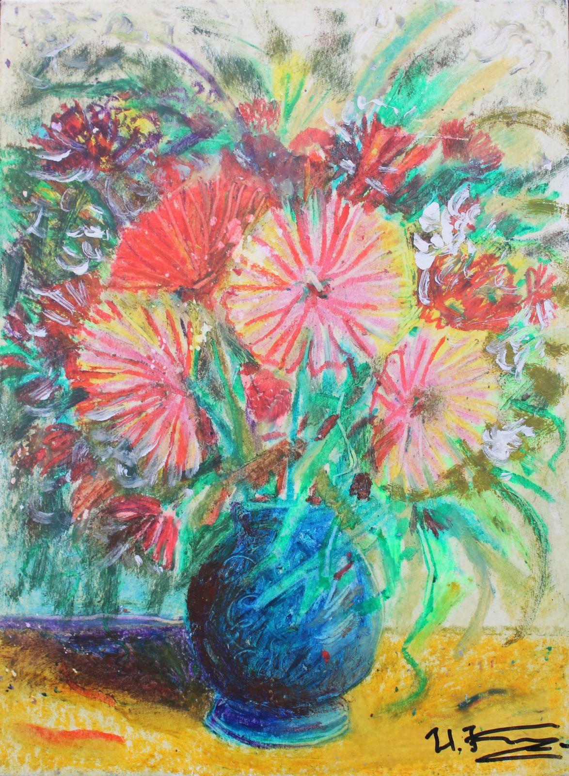 Uldis Krauze Still-Life Painting – Blumen in einer blauen Vase. Cardboard, Technik des Autors, 29x21,5 cm